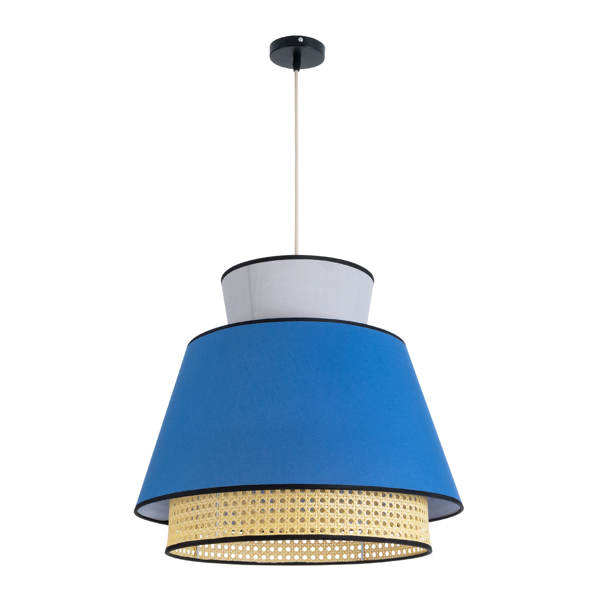 GloboStar® SAIGE 01918 Boho Κρεμαστό Φωτιστικό Οροφής Μονόφωτο 1 x E27 AC220-240V IP20 - Φ50 x Υ45cm - Μπεζ Μπαμπού Πλέγμα με Μπλε και Γκρι Υφασμάτινο Καπέλο - 5 Χρόνια Εγγύηση - ledmania.gr