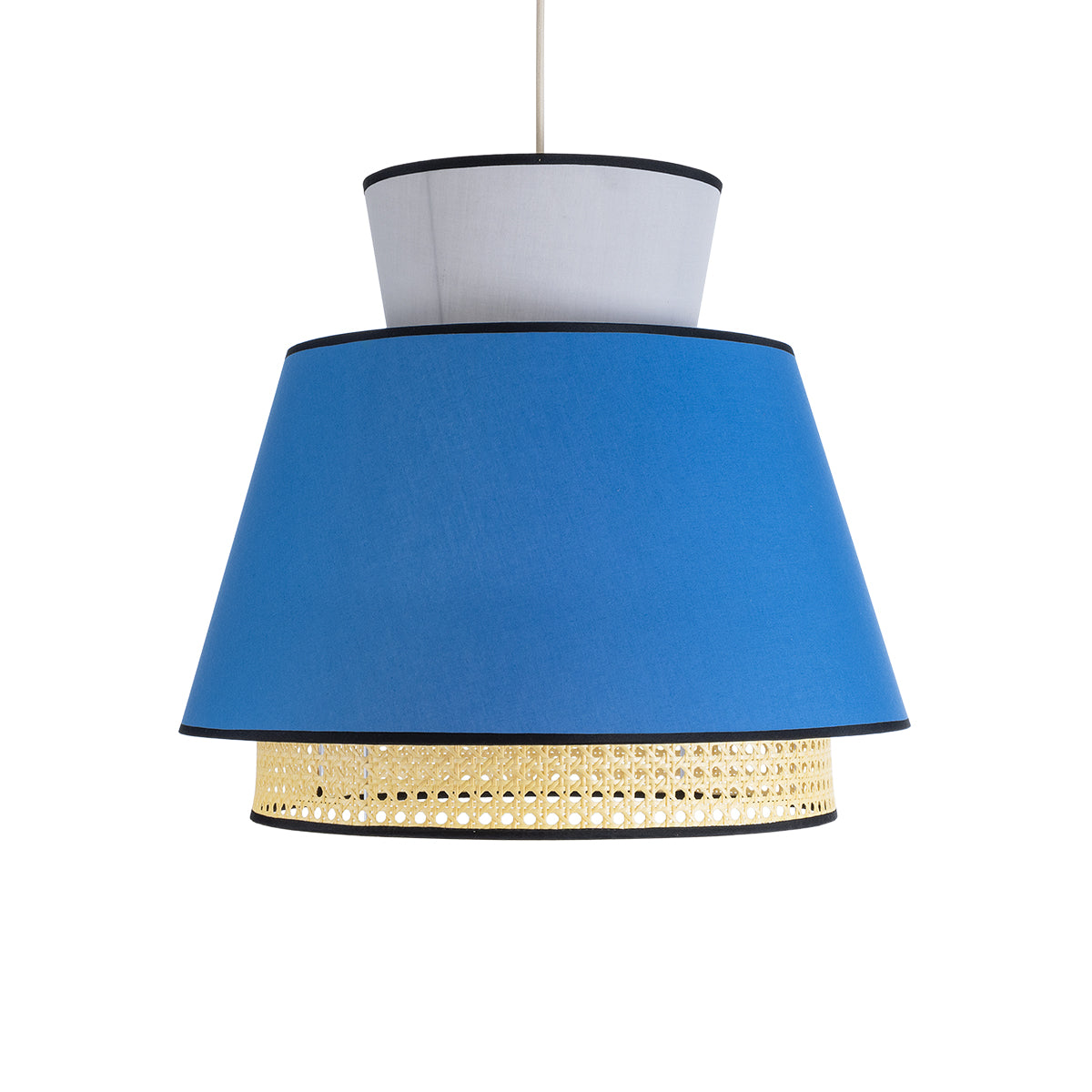 GloboStar® SAIGE 01918 Boho Κρεμαστό Φωτιστικό Οροφής Μονόφωτο 1 x E27 AC220-240V IP20 - Φ50 x Υ45cm - Μπεζ Μπαμπού Πλέγμα με Μπλε και Γκρι Υφασμάτινο Καπέλο - 5 Χρόνια Εγγύηση - ledmania.gr