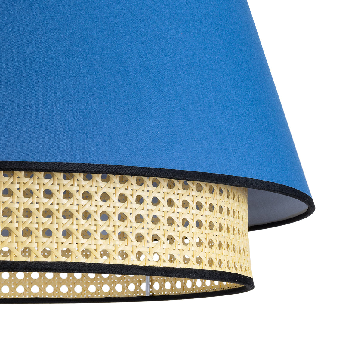 GloboStar® SAIGE 01918 Boho Κρεμαστό Φωτιστικό Οροφής Μονόφωτο 1 x E27 AC220-240V IP20 - Φ50 x Υ45cm - Μπεζ Μπαμπού Πλέγμα με Μπλε και Γκρι Υφασμάτινο Καπέλο - 5 Χρόνια Εγγύηση - ledmania.gr