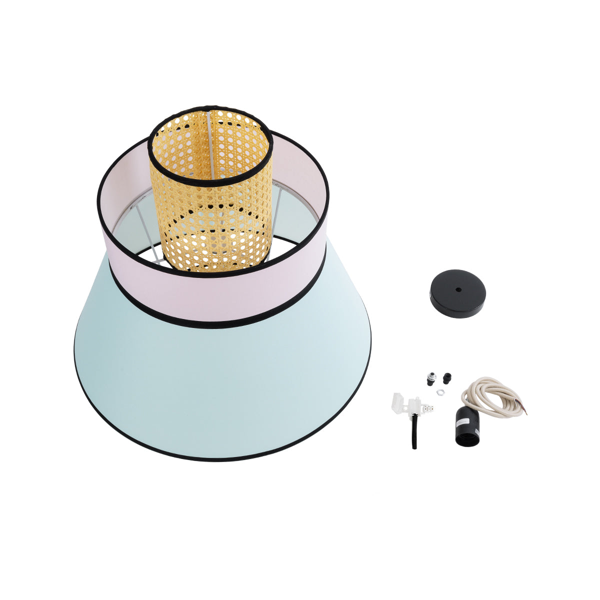 GloboStar® JOURNEY 01920 Boho Κρεμαστό Φωτιστικό Οροφής Μονόφωτο 1 x E27 AC220-240V IP20 - Φ50 x Υ54cm - Μπεζ Ξύλινο με Ροζ Γαλάζιο και Μαύρες Λεπτομέρειες Πλέγμα - 5 Χρόνια Εγγύηση - ledmania.gr