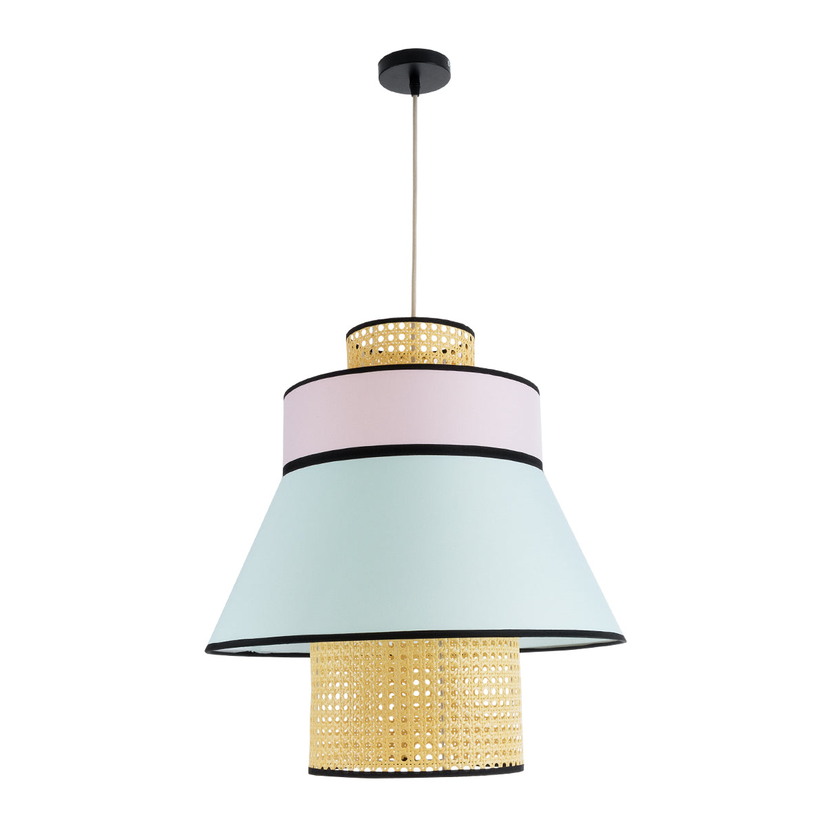 GloboStar® JOURNEY 01920 Boho Κρεμαστό Φωτιστικό Οροφής Μονόφωτο 1 x E27 AC220-240V IP20 - Φ50 x Υ54cm - Μπεζ Ξύλινο με Ροζ Γαλάζιο και Μαύρες Λεπτομέρειες Πλέγμα - 5 Χρόνια Εγγύηση - ledmania.gr