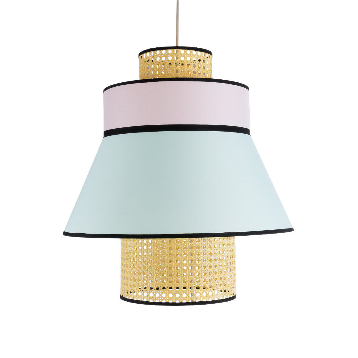 GloboStar® JOURNEY 01920 Boho Κρεμαστό Φωτιστικό Οροφής Μονόφωτο 1 x E27 AC220-240V IP20 - Φ50 x Υ54cm - Μπεζ Ξύλινο με Ροζ Γαλάζιο και Μαύρες Λεπτομέρειες Πλέγμα - 5 Χρόνια Εγγύηση - ledmania.gr
