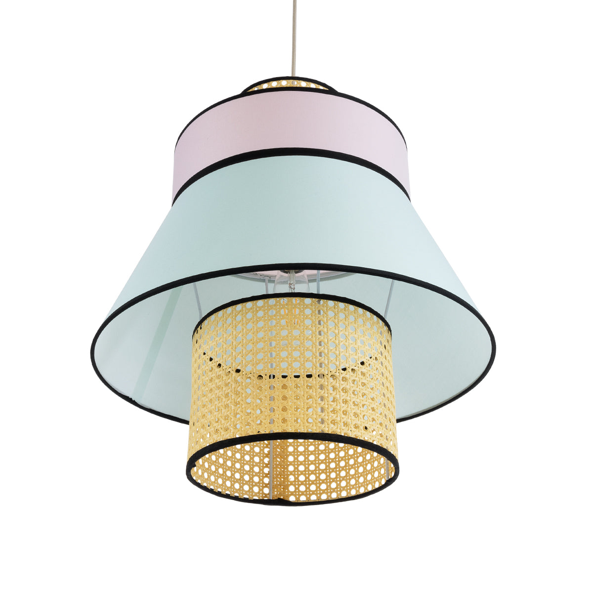 GloboStar® JOURNEY 01920 Boho Κρεμαστό Φωτιστικό Οροφής Μονόφωτο 1 x E27 AC220-240V IP20 - Φ50 x Υ54cm - Μπεζ Ξύλινο με Ροζ Γαλάζιο και Μαύρες Λεπτομέρειες Πλέγμα - 5 Χρόνια Εγγύηση - ledmania.gr