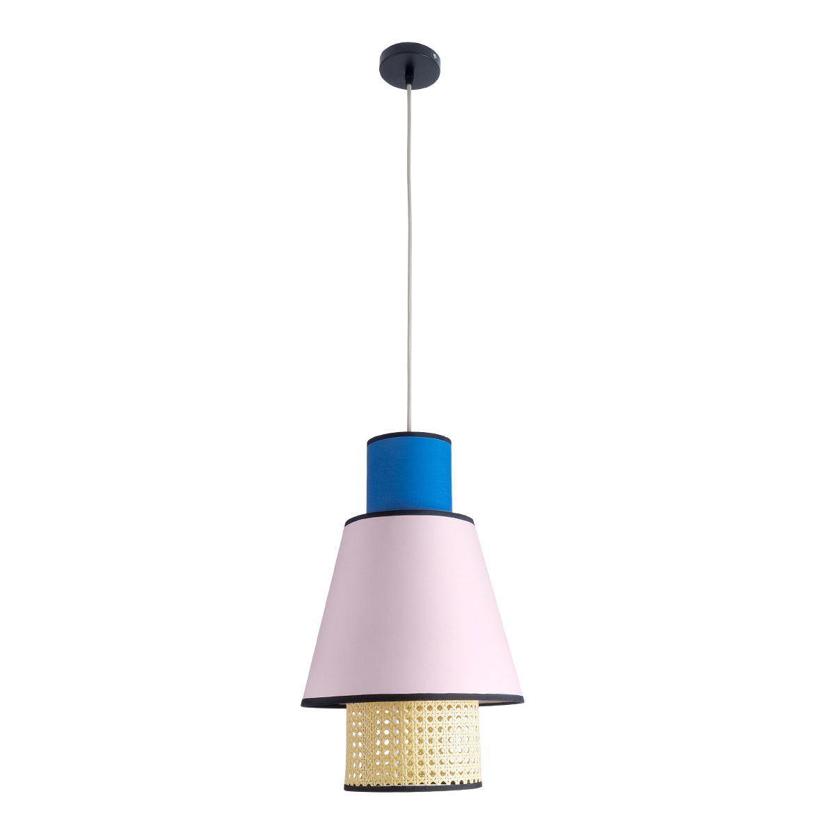 GloboStar® SAIGE 01921 Boho Κρεμαστό Φωτιστικό Οροφής Μονόφωτο 1 x E27 AC220-240V IP20 - Φ30 x Υ48cm - Μπεζ Μπαμπού Πλέγμα με Ροζ και Μπλε Υφασμάτινο Καπέλο - 5 Χρόνια Εγγύηση - ledmania.gr