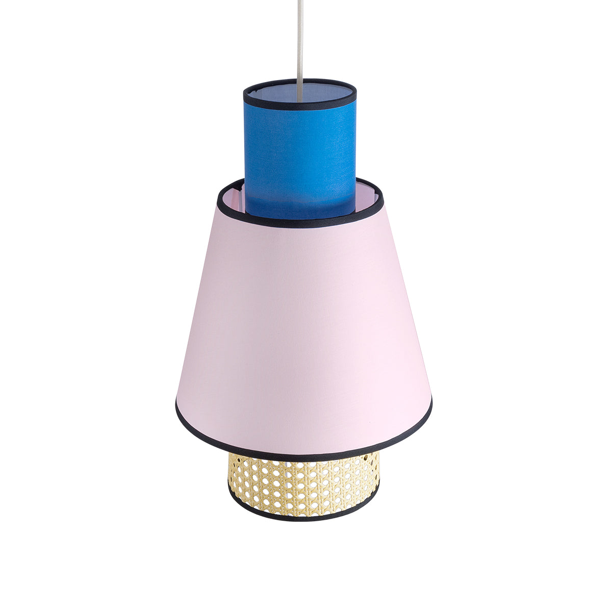GloboStar® SAIGE 01921 Boho Κρεμαστό Φωτιστικό Οροφής Μονόφωτο 1 x E27 AC220-240V IP20 - Φ30 x Υ48cm - Μπεζ Μπαμπού Πλέγμα με Ροζ και Μπλε Υφασμάτινο Καπέλο - 5 Χρόνια Εγγύηση - ledmania.gr
