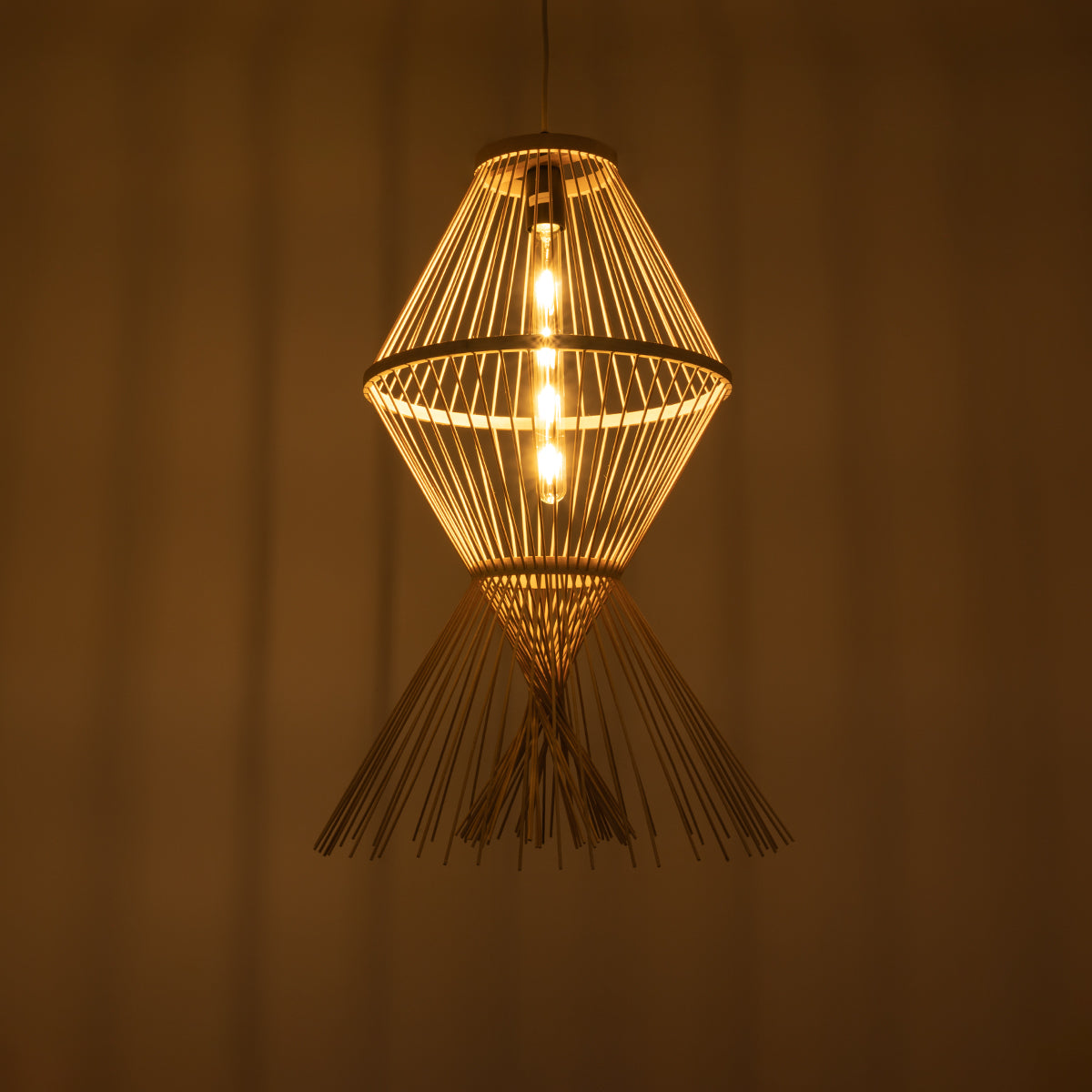GloboStar® YOSHI 01928 Boho Κρεμαστό Φωτιστικό Οροφής Μονόφωτο 1 x E27 AC220-240V IP20 - Φ35 x Υ60cm - Μπεζ Ξύλινο Πλέγμα - 5 Χρόνια Εγγύηση - ledmania.gr