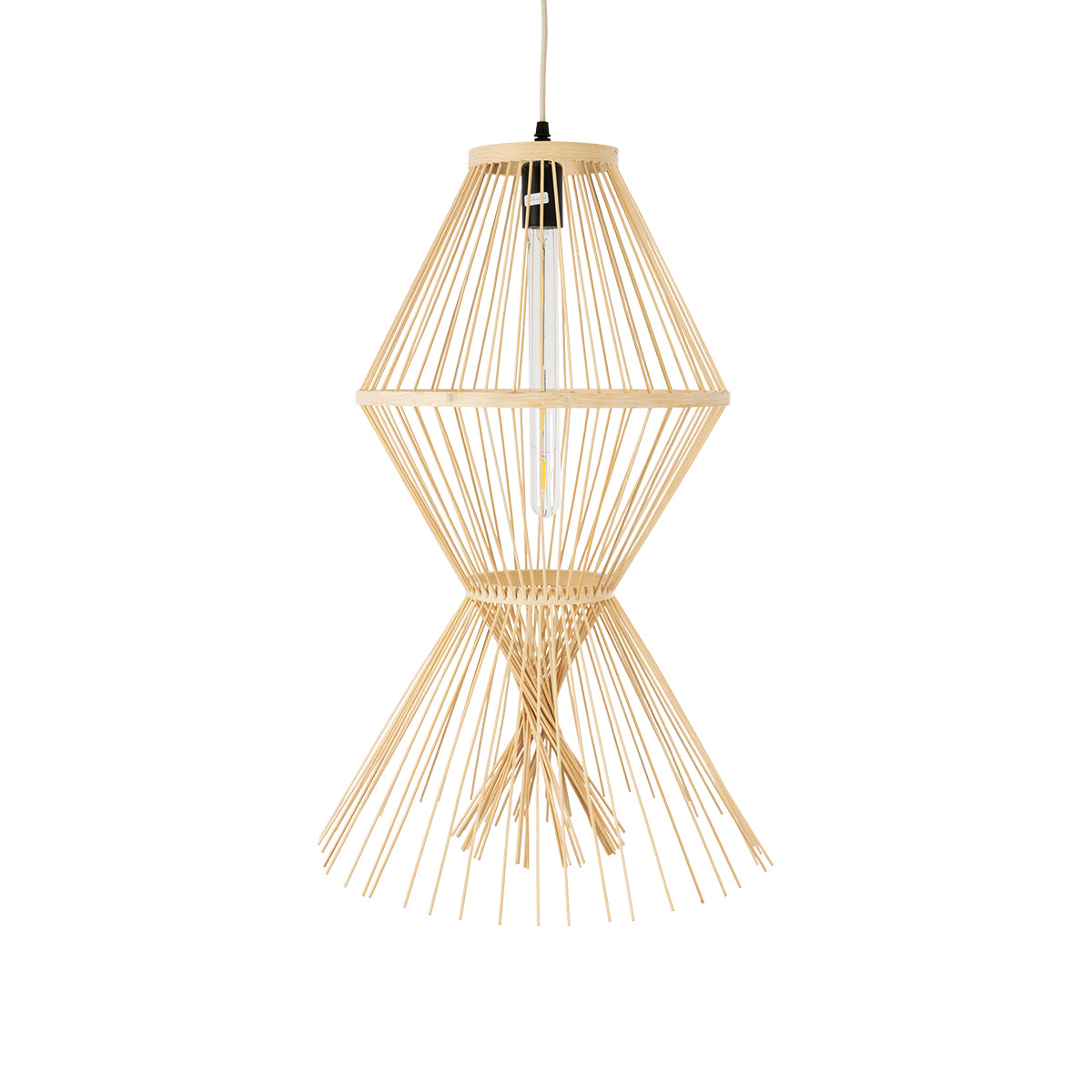 GloboStar® YOSHI 01928 Boho Κρεμαστό Φωτιστικό Οροφής Μονόφωτο 1 x E27 AC220-240V IP20 - Φ35 x Υ60cm - Μπεζ Ξύλινο Πλέγμα - 5 Χρόνια Εγγύηση - ledmania.gr