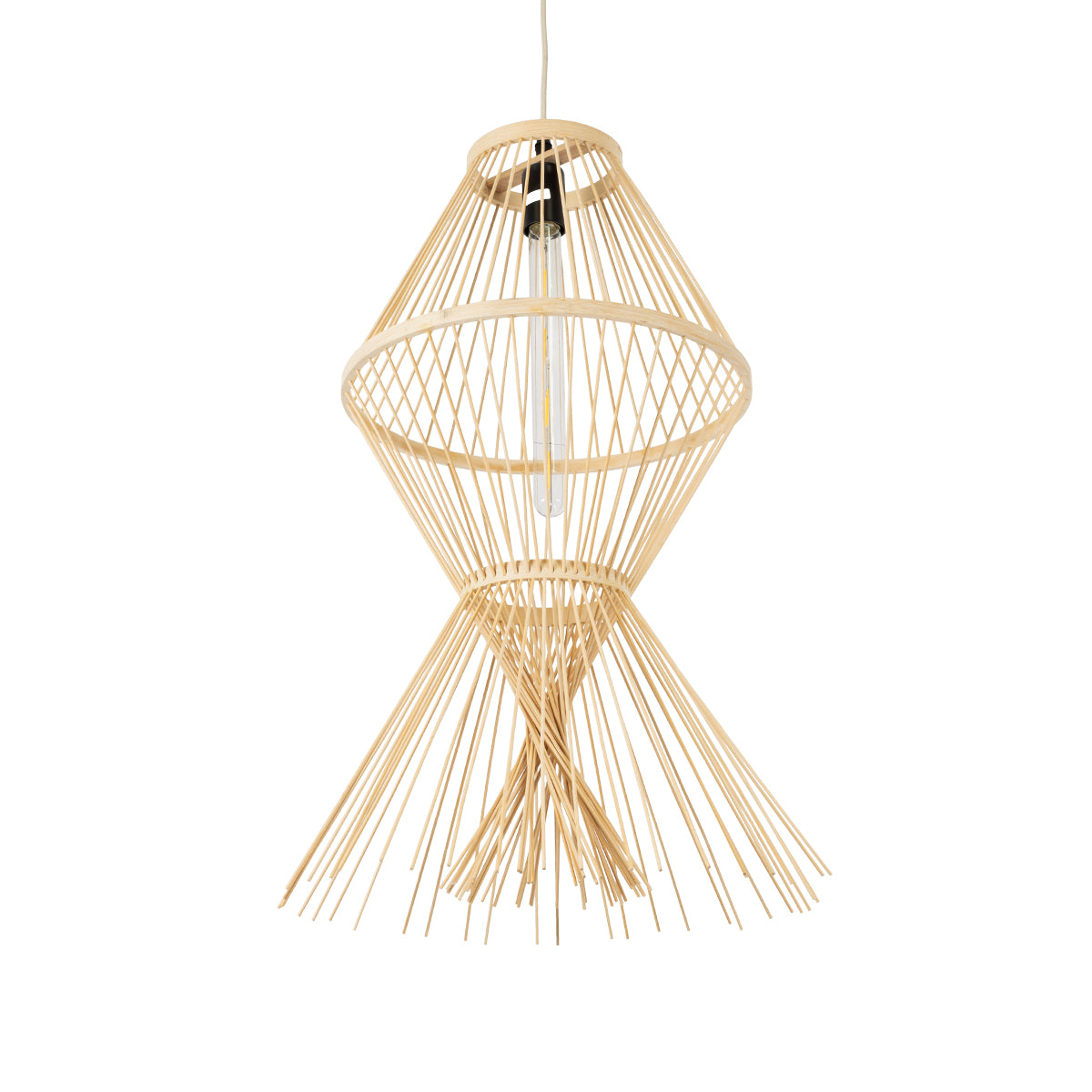 GloboStar® YOSHI 01928 Boho Κρεμαστό Φωτιστικό Οροφής Μονόφωτο 1 x E27 AC220-240V IP20 - Φ35 x Υ60cm - Μπεζ Ξύλινο Πλέγμα - 5 Χρόνια Εγγύηση - ledmania.gr