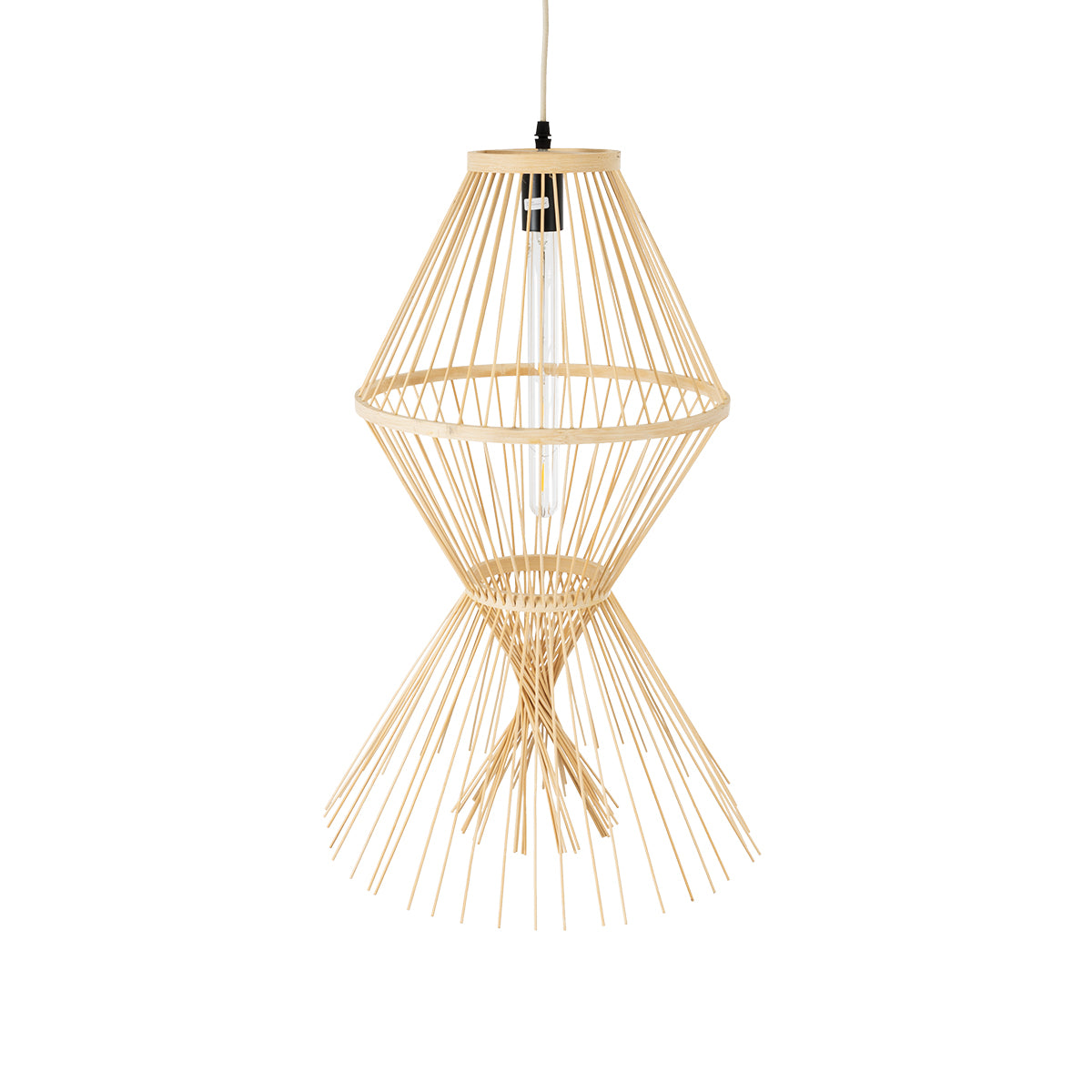GloboStar® YOSHI 01928 Boho Κρεμαστό Φωτιστικό Οροφής Μονόφωτο 1 x E27 AC220-240V IP20 - Φ35 x Υ60cm - Μπεζ Ξύλινο Πλέγμα - 5 Χρόνια Εγγύηση - ledmania.gr