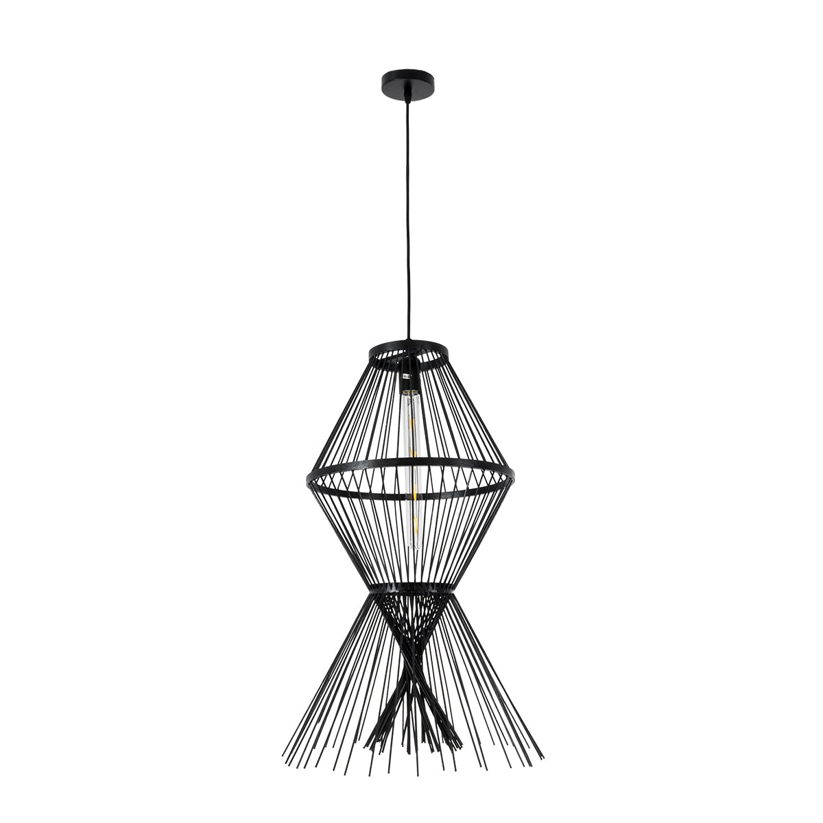 GloboStar® YOSHI 01929 Boho Κρεμαστό Φωτιστικό Οροφής Μονόφωτο 1 x E27 AC220-240V IP20 - Φ35 x Υ60cm - Μαύρο Ξύλινο Πλέγμα - 5 Χρόνια Εγγύηση - ledmania.gr