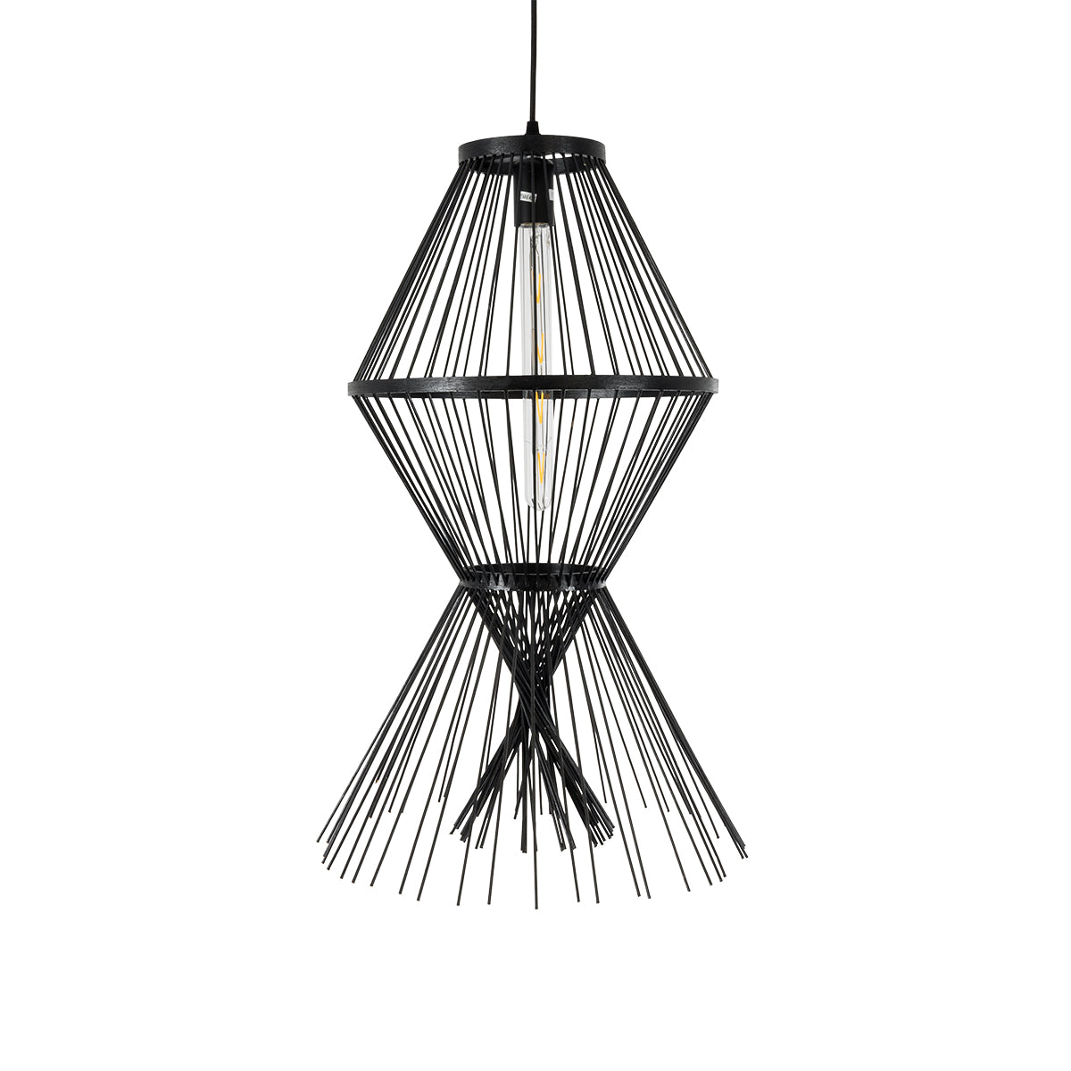 GloboStar® YOSHI 01929 Boho Κρεμαστό Φωτιστικό Οροφής Μονόφωτο 1 x E27 AC220-240V IP20 - Φ35 x Υ60cm - Μαύρο Ξύλινο Πλέγμα - 5 Χρόνια Εγγύηση - ledmania.gr