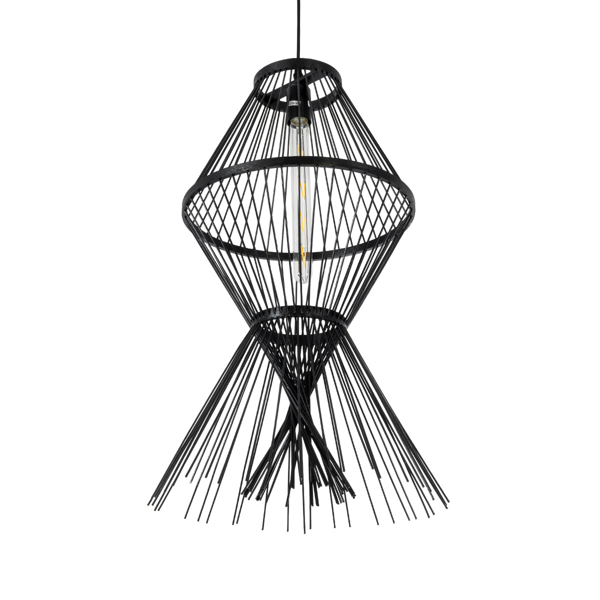 GloboStar® YOSHI 01929 Boho Κρεμαστό Φωτιστικό Οροφής Μονόφωτο 1 x E27 AC220-240V IP20 - Φ35 x Υ60cm - Μαύρο Ξύλινο Πλέγμα - 5 Χρόνια Εγγύηση - ledmania.gr