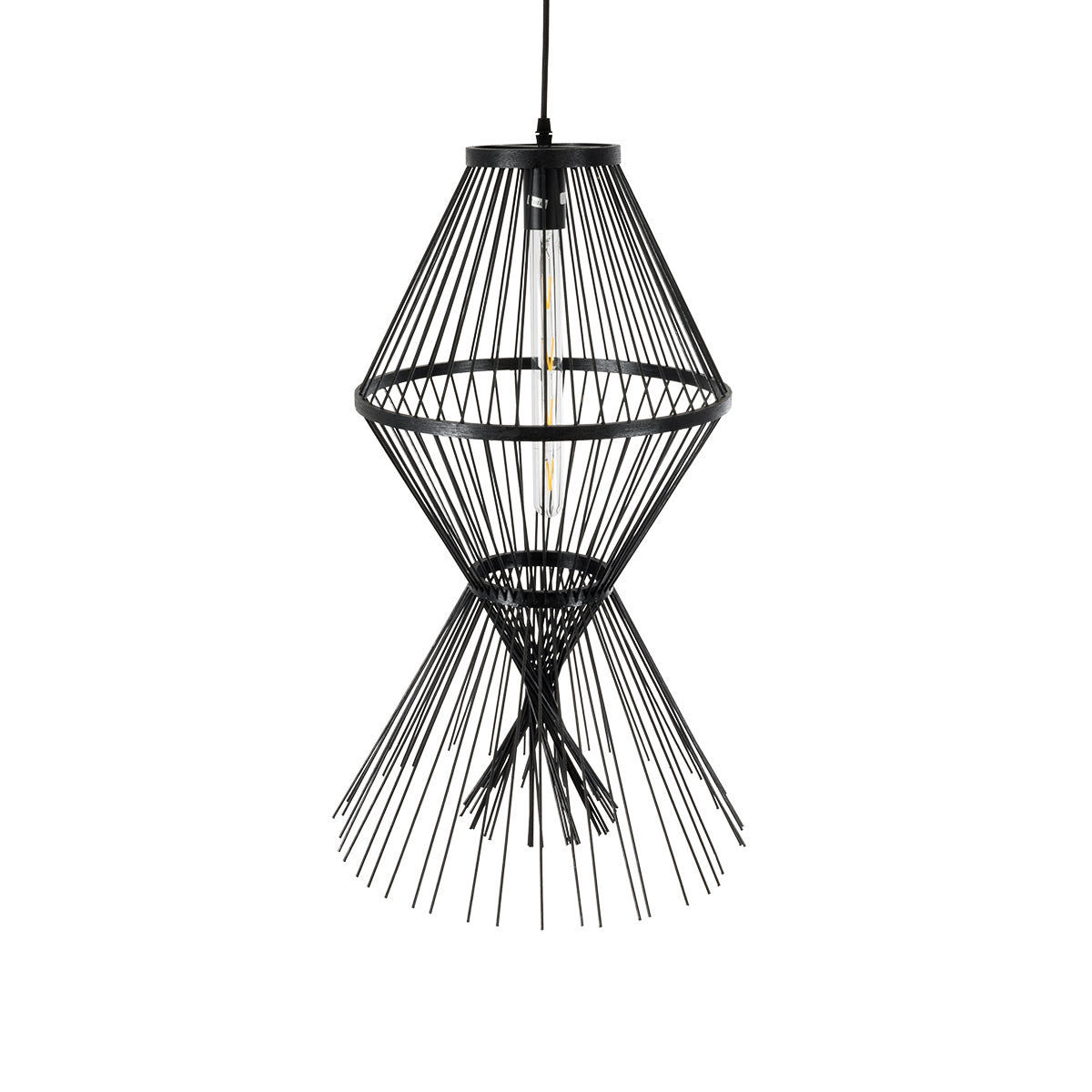 GloboStar® YOSHI 01929 Boho Κρεμαστό Φωτιστικό Οροφής Μονόφωτο 1 x E27 AC220-240V IP20 - Φ35 x Υ60cm - Μαύρο Ξύλινο Πλέγμα - 5 Χρόνια Εγγύηση - ledmania.gr