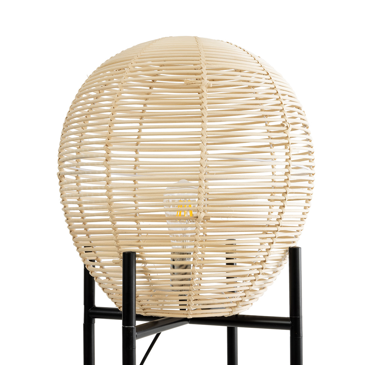GloboStar® NERINA 02016 Boho Επιδαπέδιο Φωτιστικό Μονόφωτο 1 x E27 AC220-240V IP20 - Φ40 x Υ160cm - Μαύρο Μεταλλικό με Μπεζ Ρατάν Καπέλο Πλέγμα - 5 Χρόνια Εγγύηση - ledmania.gr