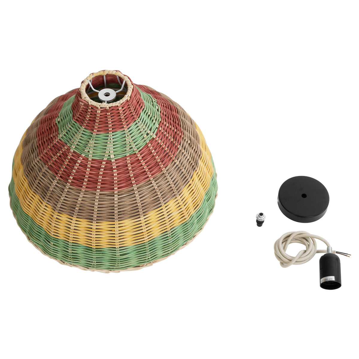 GloboStar® CABALLEROS 02053 Boho Κρεμαστό Φωτιστικό Οροφής Μονόφωτο 1 x E27 AC220-240V IP20 - Φ40 x Υ27cm - Πράσινο με Κίτρινο και Μπεζ με Κόκκινο Ξύλινο Μπαμπού Πλέγμα Καμπάνα - 5 Χρόνια Εγγύηση - ledmania.gr