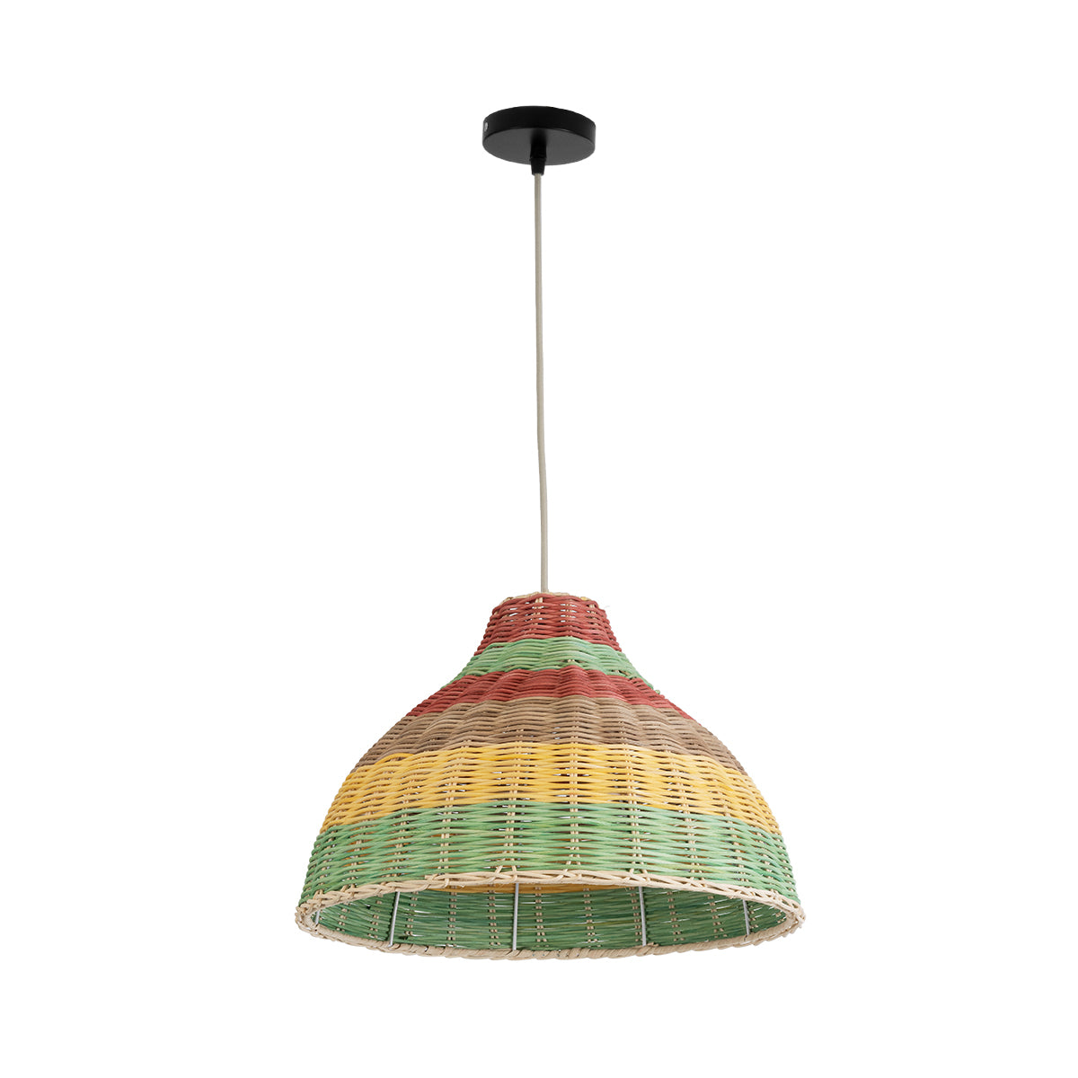 GloboStar® CABALLEROS 02053 Boho Κρεμαστό Φωτιστικό Οροφής Μονόφωτο 1 x E27 AC220-240V IP20 - Φ40 x Υ27cm - Πράσινο με Κίτρινο και Μπεζ με Κόκκινο Ξύλινο Μπαμπού Πλέγμα Καμπάνα - 5 Χρόνια Εγγύηση - ledmania.gr