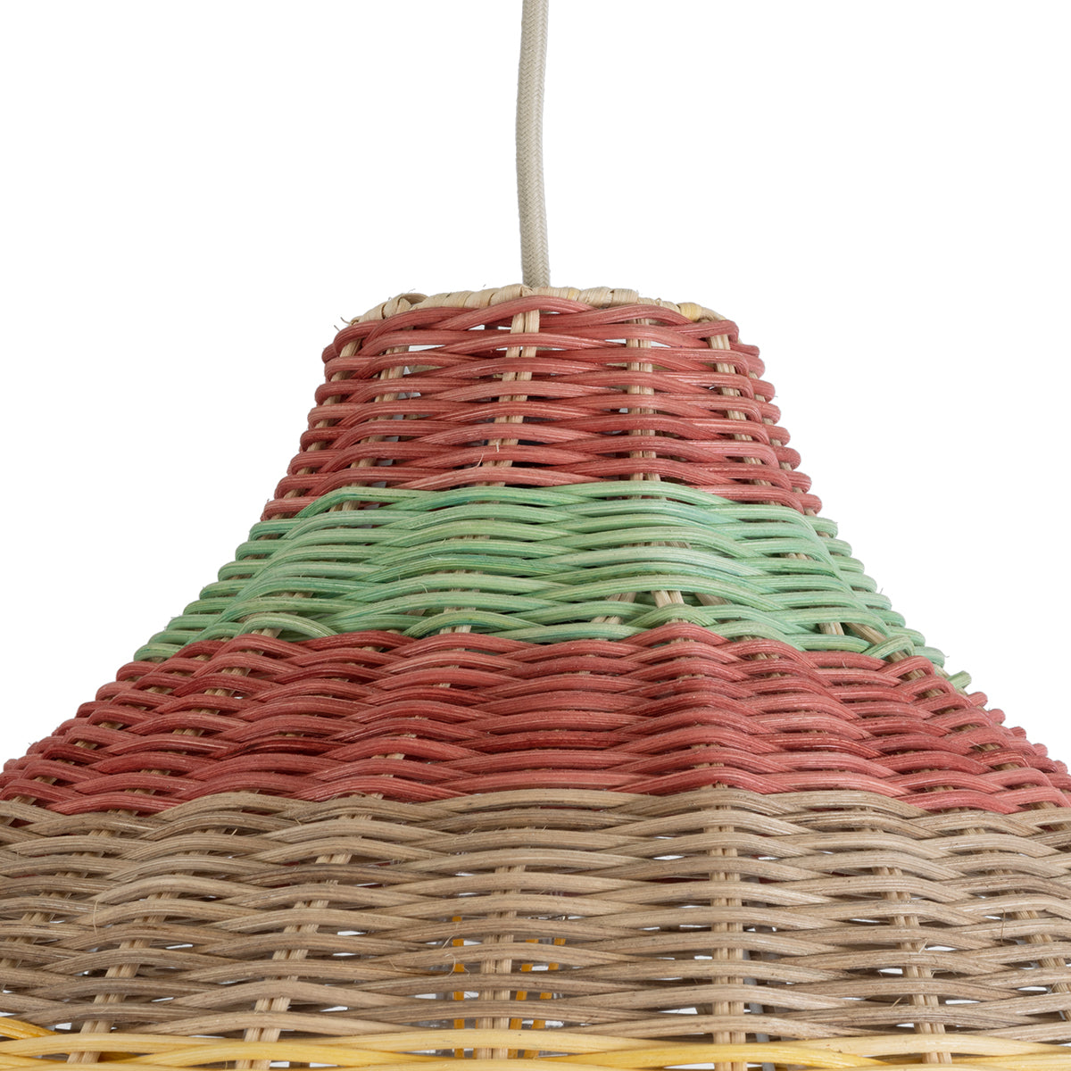 GloboStar® CABALLEROS 02053 Boho Κρεμαστό Φωτιστικό Οροφής Μονόφωτο 1 x E27 AC220-240V IP20 - Φ40 x Υ27cm - Πράσινο με Κίτρινο και Μπεζ με Κόκκινο Ξύλινο Μπαμπού Πλέγμα Καμπάνα - 5 Χρόνια Εγγύηση - ledmania.gr