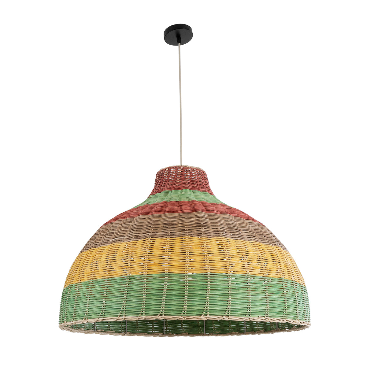 GloboStar® CABALLEROS 02054 Boho Κρεμαστό Φωτιστικό Μονόφωτο 1 x E27 AC220-240V IP20 - Φ70 x Υ48cm - Πράσινο με Κίτρινο και Μπεζ με Κόκκινο Ξύλινο Μπαμπού Πλέγμα Καμπάνα - 5 Χρόνια Εγγύηση - ledmania.gr