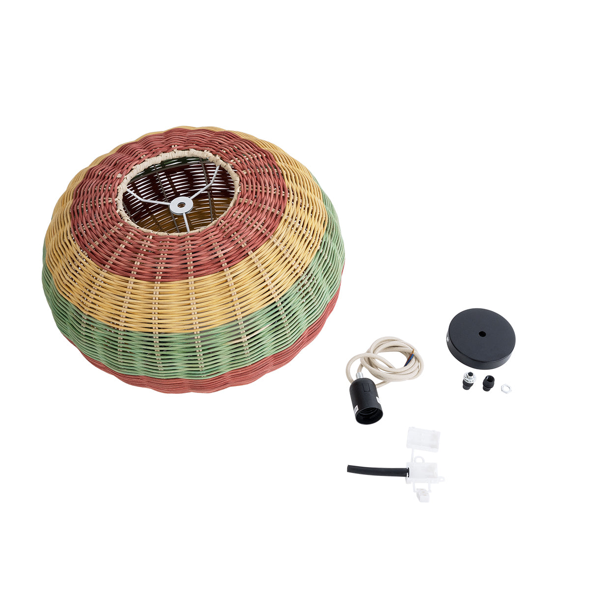 GloboStar® CABALLEROS 02055 Boho Κρεμαστό Φωτιστικό Μονόφωτο 1 x E27 AC220-240V IP20 - Φ40 x Υ25cm - Πράσινο με Κίτρινο και Μπλε με Κόκκινο Ξύλινο Μπαμπού Πλέγμα - 5 Χρόνια Εγγύηση - ledmania.gr