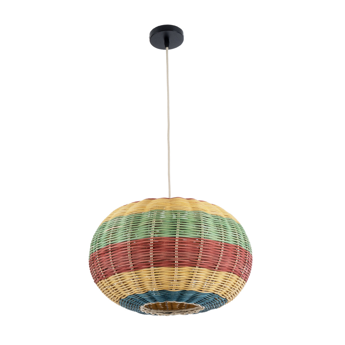 GloboStar® CABALLEROS 02055 Boho Κρεμαστό Φωτιστικό Μονόφωτο 1 x E27 AC220-240V IP20 - Φ40 x Υ25cm - Πράσινο με Κίτρινο και Μπλε με Κόκκινο Ξύλινο Μπαμπού Πλέγμα - 5 Χρόνια Εγγύηση - ledmania.gr