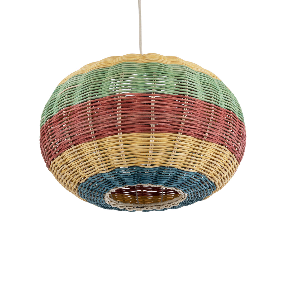 GloboStar® CABALLEROS 02055 Boho Κρεμαστό Φωτιστικό Μονόφωτο 1 x E27 AC220-240V IP20 - Φ40 x Υ25cm - Πράσινο με Κίτρινο και Μπλε με Κόκκινο Ξύλινο Μπαμπού Πλέγμα - 5 Χρόνια Εγγύηση - ledmania.gr