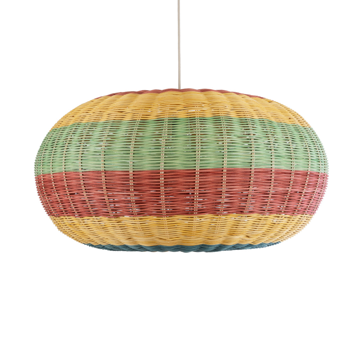 GloboStar® CABALLEROS 02056 Boho Κρεμαστό Φωτιστικό Μονόφωτο 1 x E27 AC220-240V IP20 - Φ70 x Υ36cm - Πράσινο με Κίτρινο και Μπλε με Κόκκινο Ξύλινο Μπαμπού Πλέγμα - 5 Χρόνια Εγγύηση - ledmania.gr