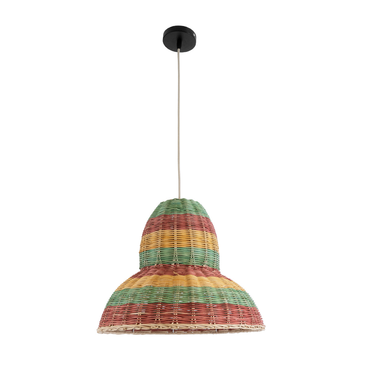 GloboStar® CABALLEROS 02057 Boho Κρεμαστό Φωτιστικό Μονόφωτο 1 x E27 AC220-240V IP20 - Φ40 x Υ30cm - Πράσινο με Κίτρινο και Μπεζ με Κόκκινο Ξύλινο Μπαμπού Πλέγμα Καμπάνα - 5 Χρόνια Εγγύηση - ledmania.gr