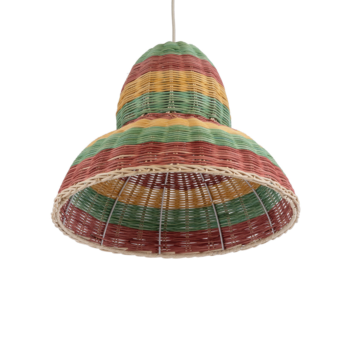 GloboStar® CABALLEROS 02057 Boho Κρεμαστό Φωτιστικό Μονόφωτο 1 x E27 AC220-240V IP20 - Φ40 x Υ30cm - Πράσινο με Κίτρινο και Μπεζ με Κόκκινο Ξύλινο Μπαμπού Πλέγμα Καμπάνα - 5 Χρόνια Εγγύηση - ledmania.gr