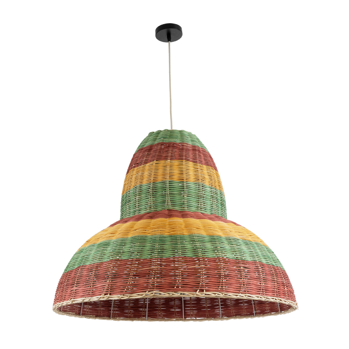 GloboStar® CABALLEROS 02058 Boho Κρεμαστό Φωτιστικό Μονόφωτο 1 x E27 AC220-240V IP20 - Φ70 x Υ60cm - Πράσινο με Κίτρινο και Μπεζ με Κόκκινο Ξύλινο Μπαμπού Πλέγμα Καμπάνα - 5 Χρόνια Εγγύηση - ledmania.gr