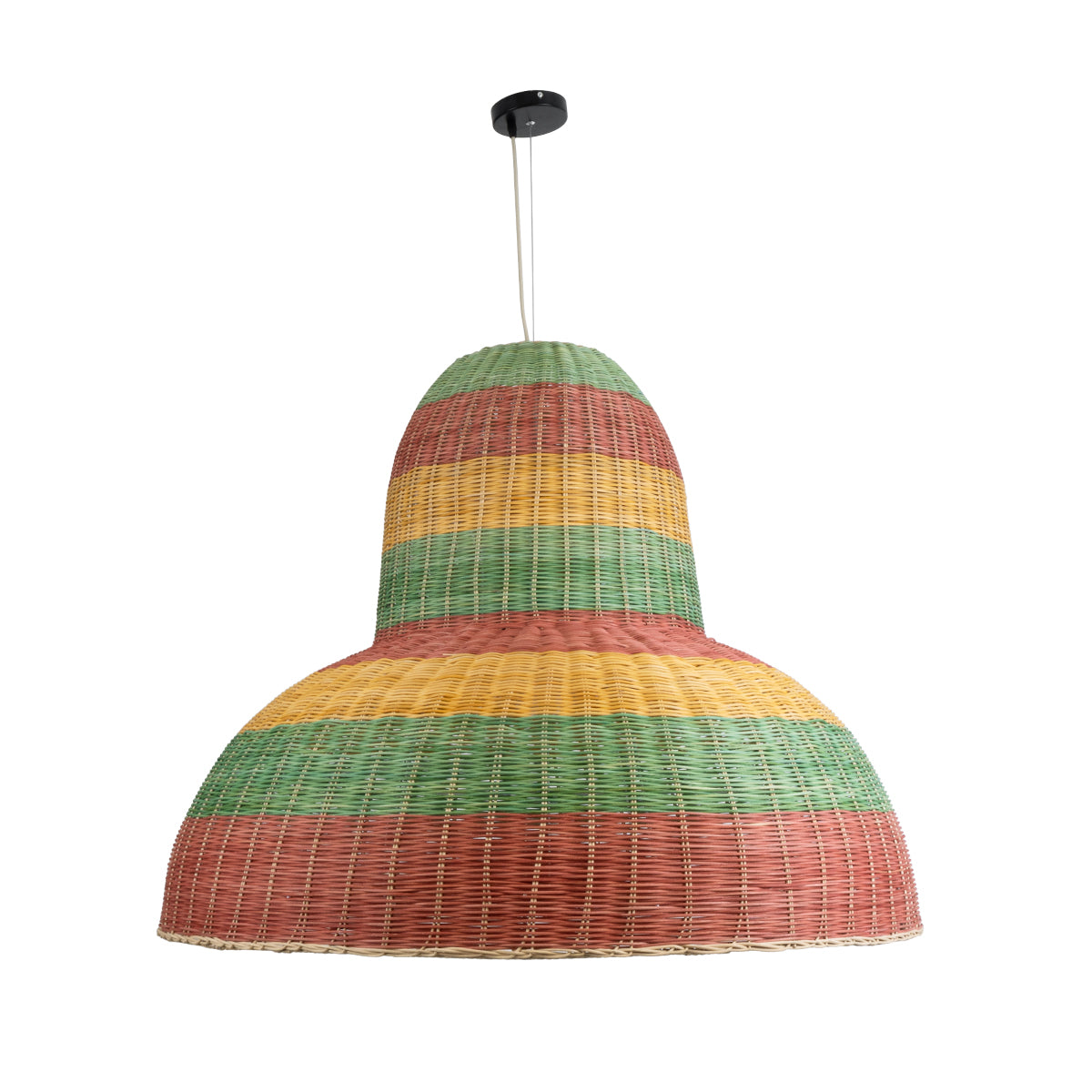 GloboStar® CABALLEROS 02059 Boho Κρεμαστό Φωτιστικό Οροφής Μονόφωτο 1 x E27 AC220-240V IP20 - Φ100 x Υ80cm - Πράσινο με Κίτρινο και Μπεζ με Κόκκινο Ξύλινο Μπαμπού Πλέγμα Καμπάνα - 5 Χρόνια Εγγύηση - ledmania.gr