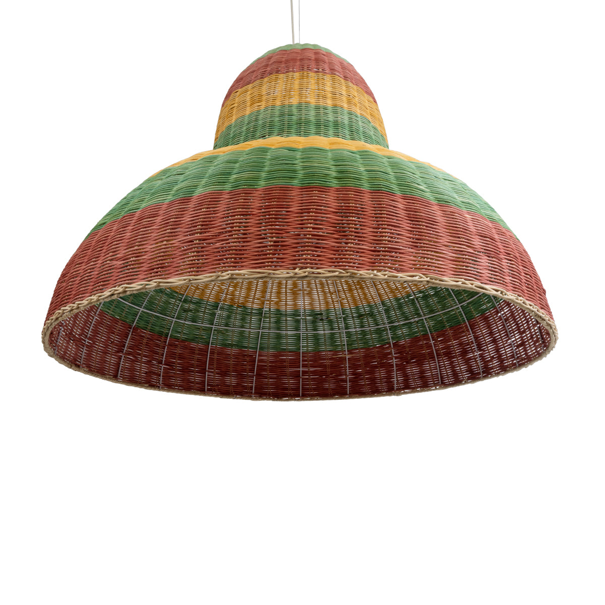 GloboStar® CABALLEROS 02059 Boho Κρεμαστό Φωτιστικό Οροφής Μονόφωτο 1 x E27 AC220-240V IP20 - Φ100 x Υ80cm - Πράσινο με Κίτρινο και Μπεζ με Κόκκινο Ξύλινο Μπαμπού Πλέγμα Καμπάνα - 5 Χρόνια Εγγύηση - ledmania.gr