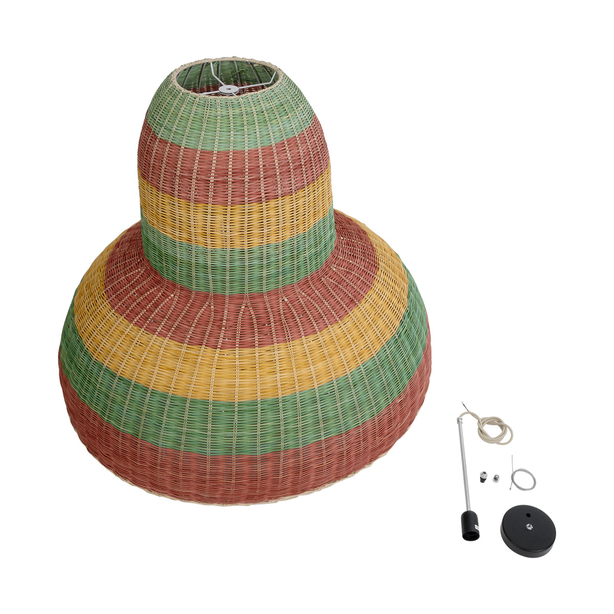 GloboStar® CABALLEROS 02059 Boho Κρεμαστό Φωτιστικό Οροφής Μονόφωτο 1 x E27 AC220-240V IP20 - Φ100 x Υ80cm - Πράσινο με Κίτρινο και Μπεζ με Κόκκινο Ξύλινο Μπαμπού Πλέγμα Καμπάνα - 5 Χρόνια Εγγύηση - ledmania.gr