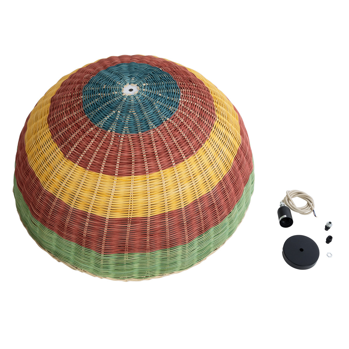 GloboStar® CABALLEROS 02061 Boho Κρεμαστό Φωτιστικό Οροφής Μονόφωτο 1 x E27 AC220-240V IP20 - Φ70 x Υ34cm - Πράσινο με Κίτρινο και Κόκκινο Ξύλινο Μπαμπού Πλέγμα Καμπάνα - 5 Χρόνια Εγγύηση - ledmania.gr