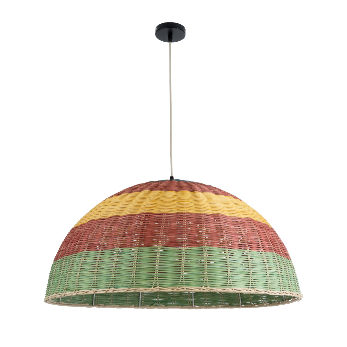 GloboStar® CABALLEROS 02061 Boho Κρεμαστό Φωτιστικό Οροφής Μονόφωτο 1 x E27 AC220-240V IP20 - Φ70 x Υ34cm - Πράσινο με Κίτρινο και Κόκκινο Ξύλινο Μπαμπού Πλέγμα Καμπάνα - 5 Χρόνια Εγγύηση - ledmania.gr