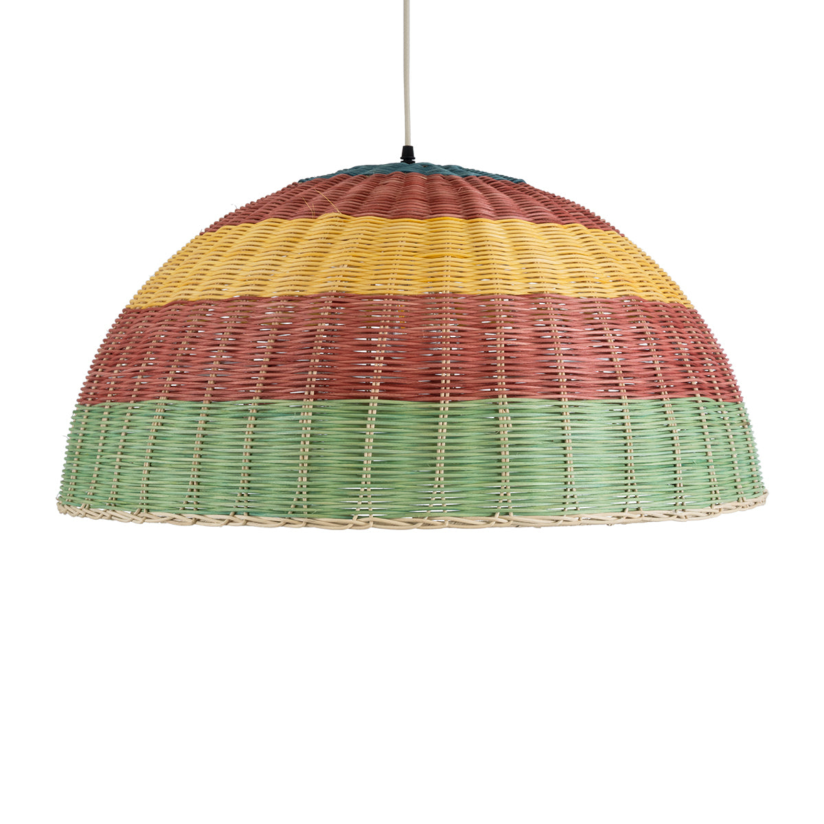 GloboStar® CABALLEROS 02061 Boho Κρεμαστό Φωτιστικό Οροφής Μονόφωτο 1 x E27 AC220-240V IP20 - Φ70 x Υ34cm - Πράσινο με Κίτρινο και Κόκκινο Ξύλινο Μπαμπού Πλέγμα Καμπάνα - 5 Χρόνια Εγγύηση - ledmania.gr