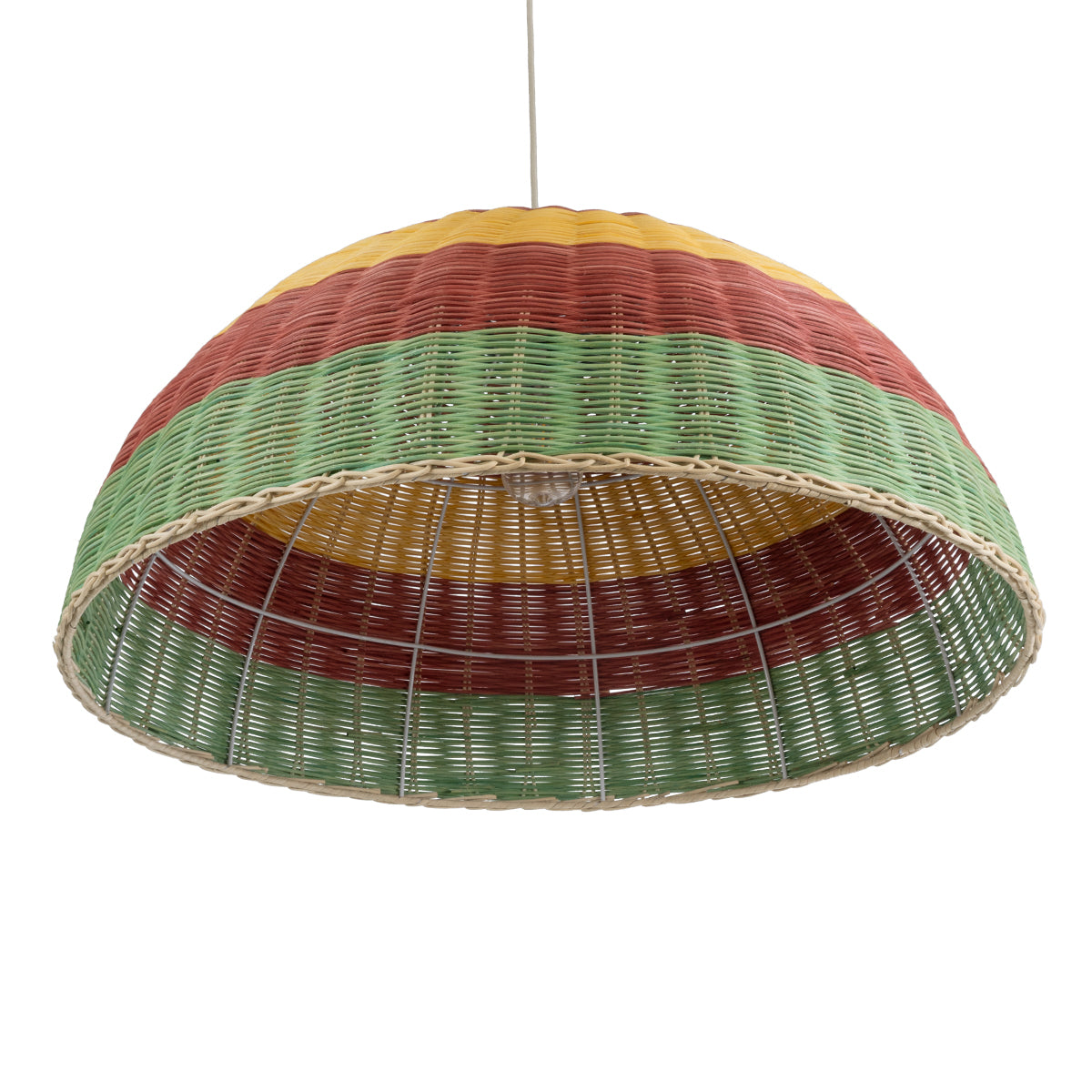 GloboStar® CABALLEROS 02061 Boho Κρεμαστό Φωτιστικό Οροφής Μονόφωτο 1 x E27 AC220-240V IP20 - Φ70 x Υ34cm - Πράσινο με Κίτρινο και Κόκκινο Ξύλινο Μπαμπού Πλέγμα Καμπάνα - 5 Χρόνια Εγγύηση - ledmania.gr