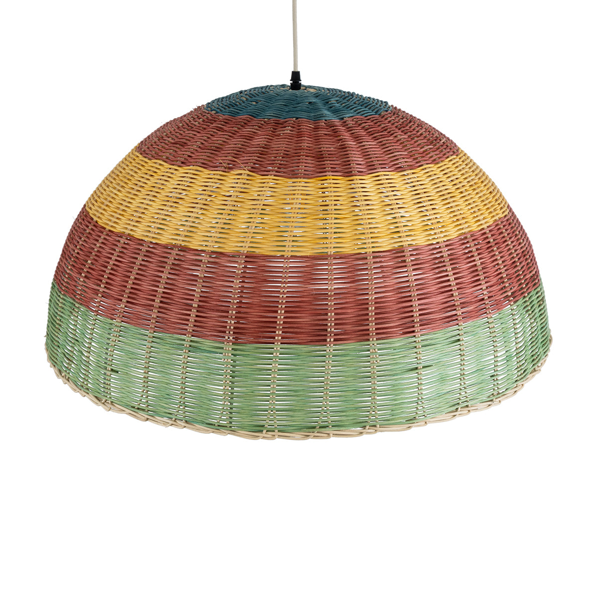 GloboStar® CABALLEROS 02061 Boho Κρεμαστό Φωτιστικό Οροφής Μονόφωτο 1 x E27 AC220-240V IP20 - Φ70 x Υ34cm - Πράσινο με Κίτρινο και Κόκκινο Ξύλινο Μπαμπού Πλέγμα Καμπάνα - 5 Χρόνια Εγγύηση - ledmania.gr