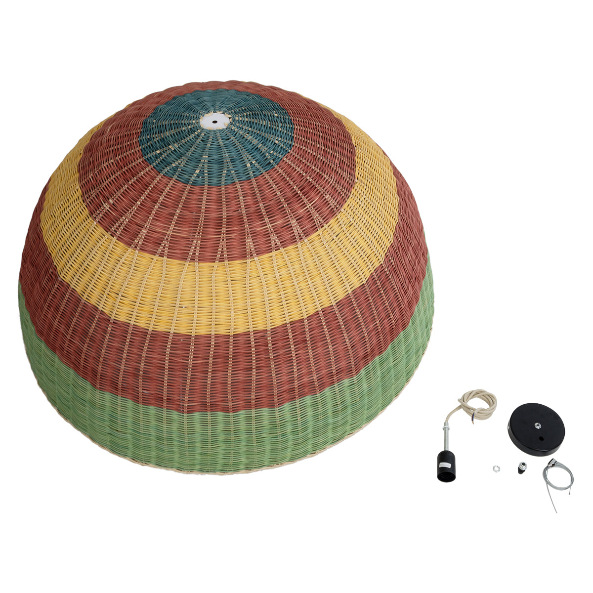 GloboStar® CABALLEROS 02062 Boho Κρεμαστό Φωτιστικό Οροφής Μονόφωτο 1 x E27 AC220-240V IP20 - Φ100 x Υ53cm - Πράσινο με Κίτρινο και Κόκκινο Ξύλινο Μπαμπού Πλέγμα Καμπάνα - 5 Χρόνια Εγγύηση - ledmania.gr