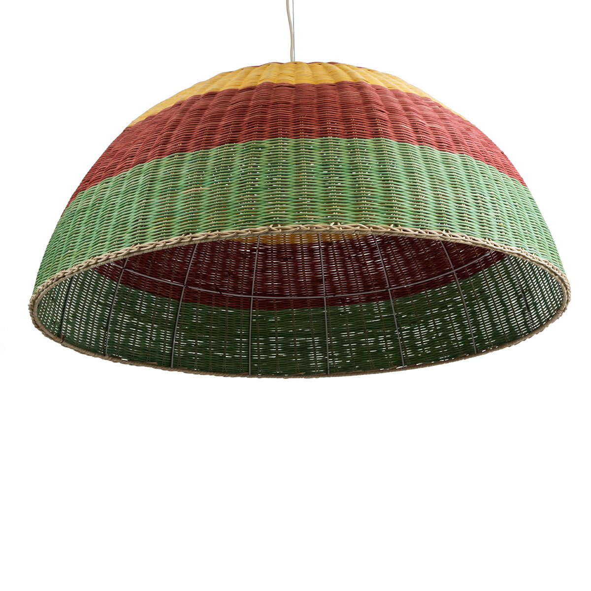 GloboStar® CABALLEROS 02062 Boho Κρεμαστό Φωτιστικό Οροφής Μονόφωτο 1 x E27 AC220-240V IP20 - Φ100 x Υ53cm - Πράσινο με Κίτρινο και Κόκκινο Ξύλινο Μπαμπού Πλέγμα Καμπάνα - 5 Χρόνια Εγγύηση - ledmania.gr