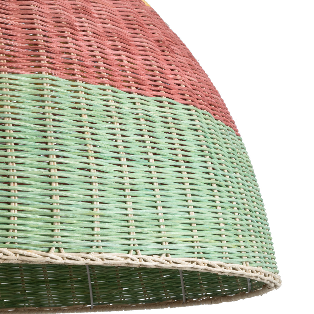 GloboStar® CABALLEROS 02062 Boho Κρεμαστό Φωτιστικό Οροφής Μονόφωτο 1 x E27 AC220-240V IP20 - Φ100 x Υ53cm - Πράσινο με Κίτρινο και Κόκκινο Ξύλινο Μπαμπού Πλέγμα Καμπάνα - 5 Χρόνια Εγγύηση - ledmania.gr