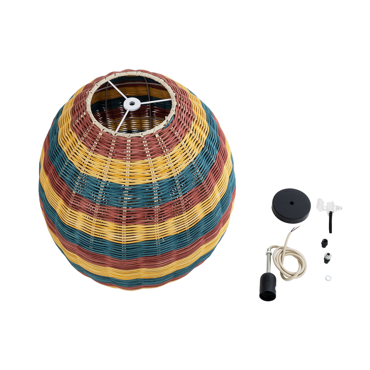GloboStar® CABALLEROS 02065 Boho Κρεμαστό Φωτιστικό Μονόφωτο 1 x E27 AC220-240V IP20 - Φ40 x Υ50cm - Πράσινο με Κίτρινο και Μπλε με Κόκκινο Ξύλινο Μπαμπού Πλέγμα - 5 Χρόνια Εγγύηση - ledmania.gr
