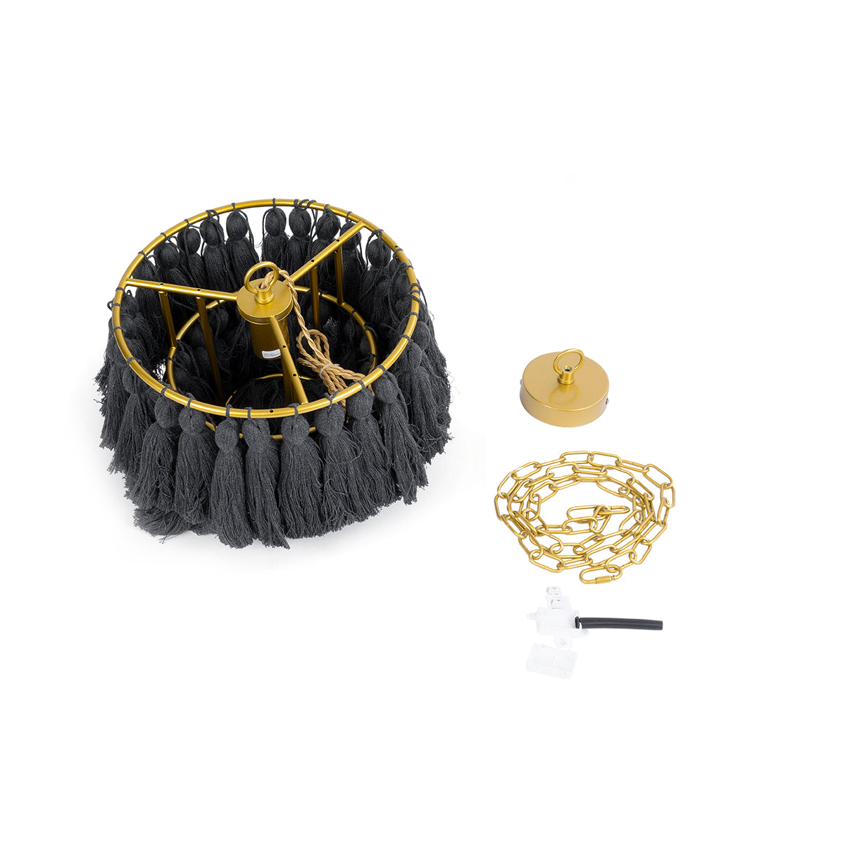 GloboStar® MISSOULA 02087 Boho Κρεμαστό Φωτιστικό Οροφής Μονόφωτο 1 x E27 AC220-240V IP20 - Φ30 x Υ40cm - Μαύρο Λεπτό Νήμα Βαμβακερό και Χρυσό Μεταλλικό Πλέγμα - 5 Χρόνια Εγγύηση - ledmania.gr