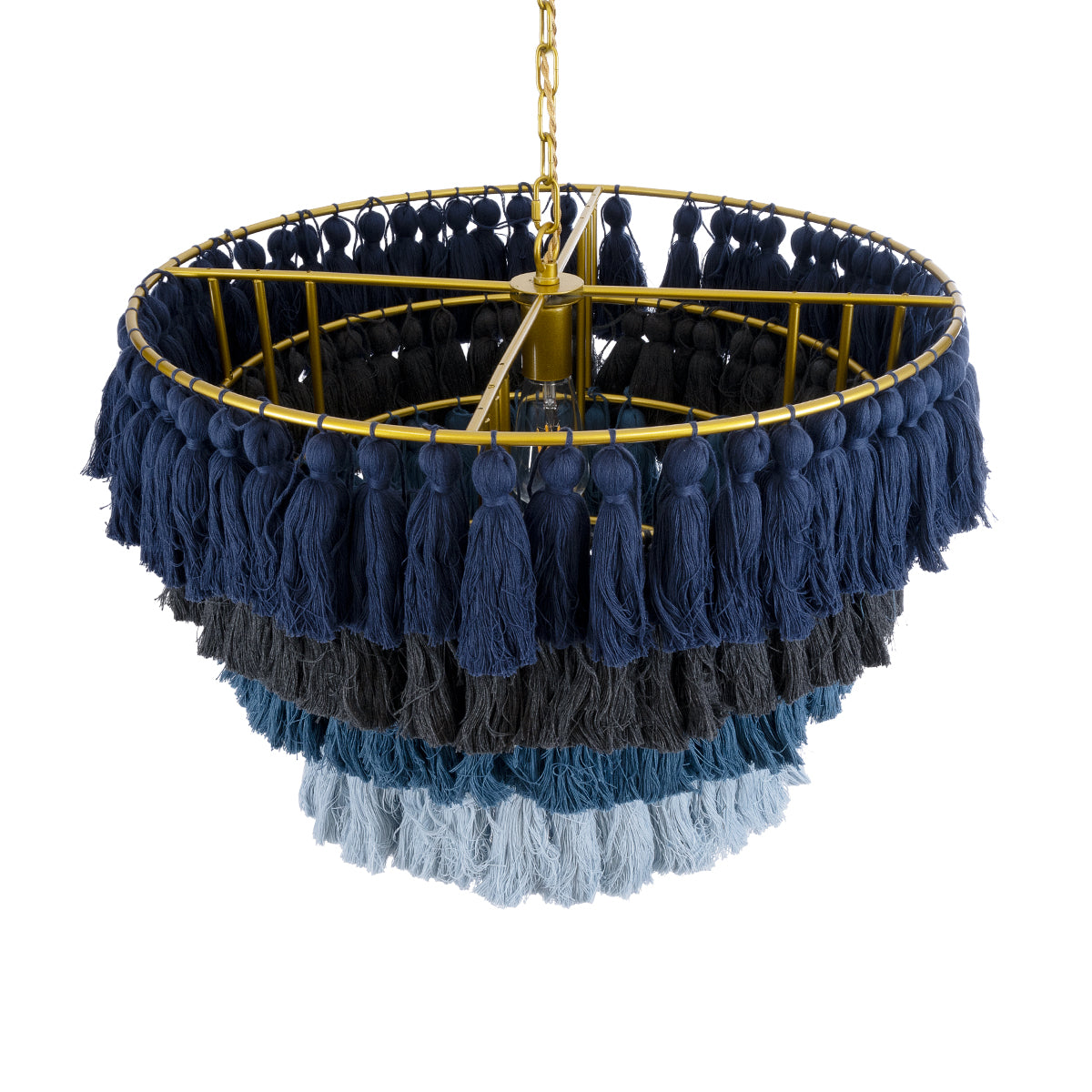 GloboStar® MISSOULA 02089 Boho Κρεμαστό Φωτιστικό Οροφής Μονόφωτο 1 x E27 AC220-240V IP20 - Φ60 x Υ40cm - Μπλε Σκούρο με Μαύρο και Μπλε με Μπλε Ανοιχτό Λεπτό Νήμα Βαμβακερό και Χρυσό Μεταλλικό Πλέγμα - 5 Χρόνια Εγγύηση - ledmania.gr