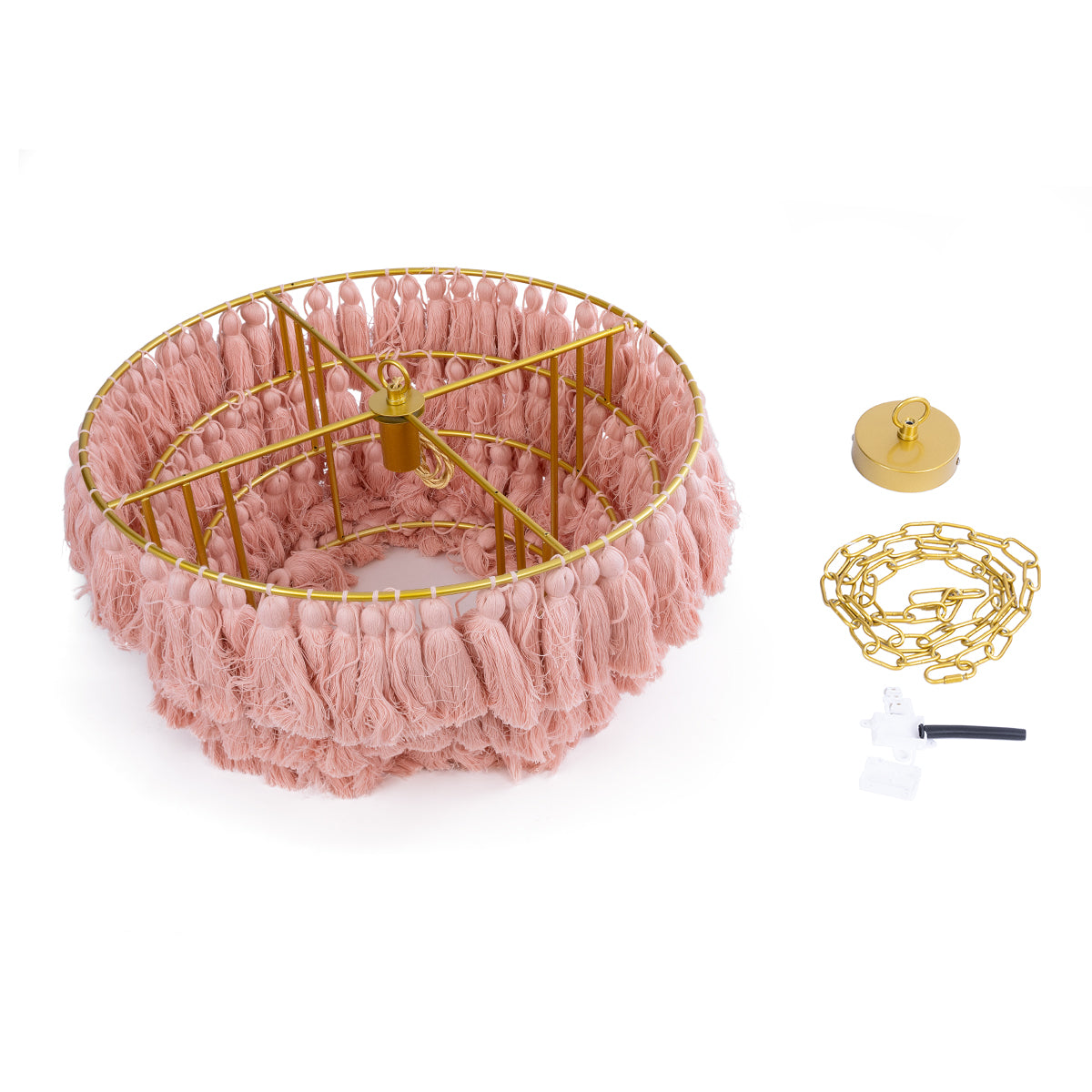 GloboStar® MISSOULA 02090 Boho Κρεμαστό Φωτιστικό Οροφής Μονόφωτο 1 x E27 AC220-240V IP20 - Φ60 x Υ40cm - Ροζ Λεπτό Νήμα Βαμβακερό και Χρυσό Μεταλλικό Πλέγμα - 5 Χρόνια Εγγύηση - ledmania.gr