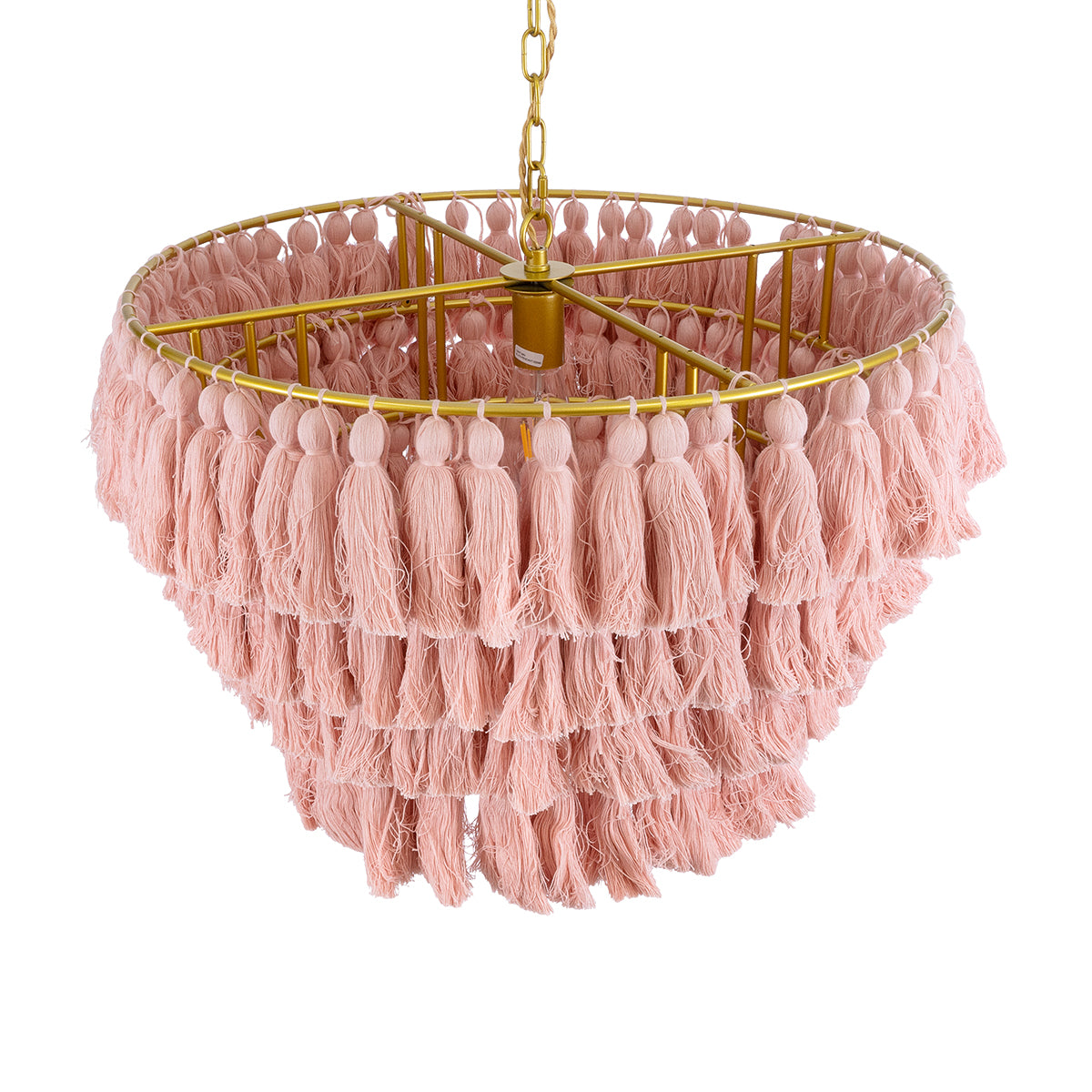 GloboStar® MISSOULA 02090 Boho Κρεμαστό Φωτιστικό Οροφής Μονόφωτο 1 x E27 AC220-240V IP20 - Φ60 x Υ40cm - Ροζ Λεπτό Νήμα Βαμβακερό και Χρυσό Μεταλλικό Πλέγμα - 5 Χρόνια Εγγύηση - ledmania.gr