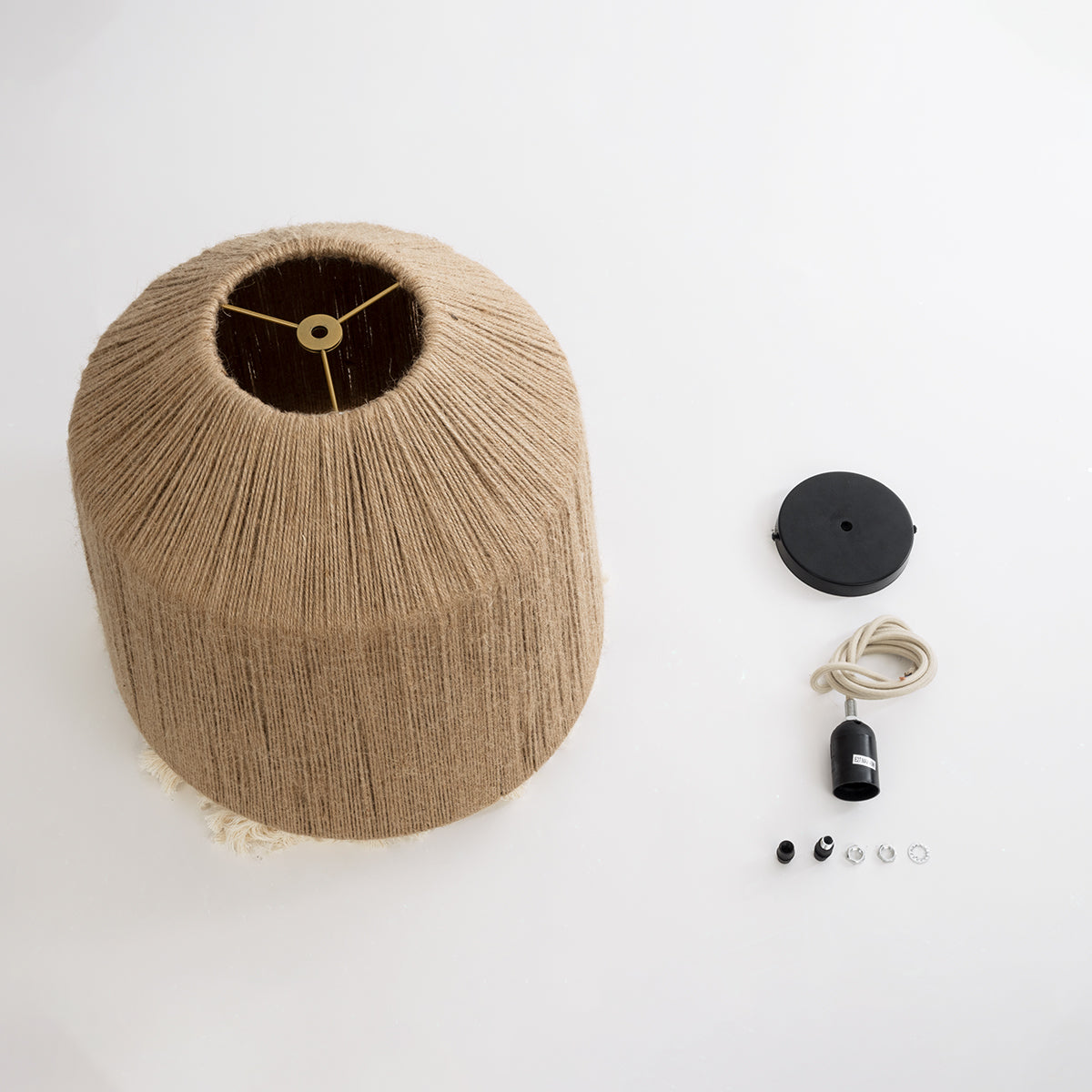 GloboStar® HUAN 02092 Boho Φωτιστικό Οροφής Μονόφωτο 1 x E27 AC220-240V IP20 - Φ40 x Υ45cm - Μπεζ με Λευκό Λεπτό Νήμα Βαμβακερό Πλέγμα Καμπάνα - 5 Χρόνια Εγγύηση - ledmania.gr