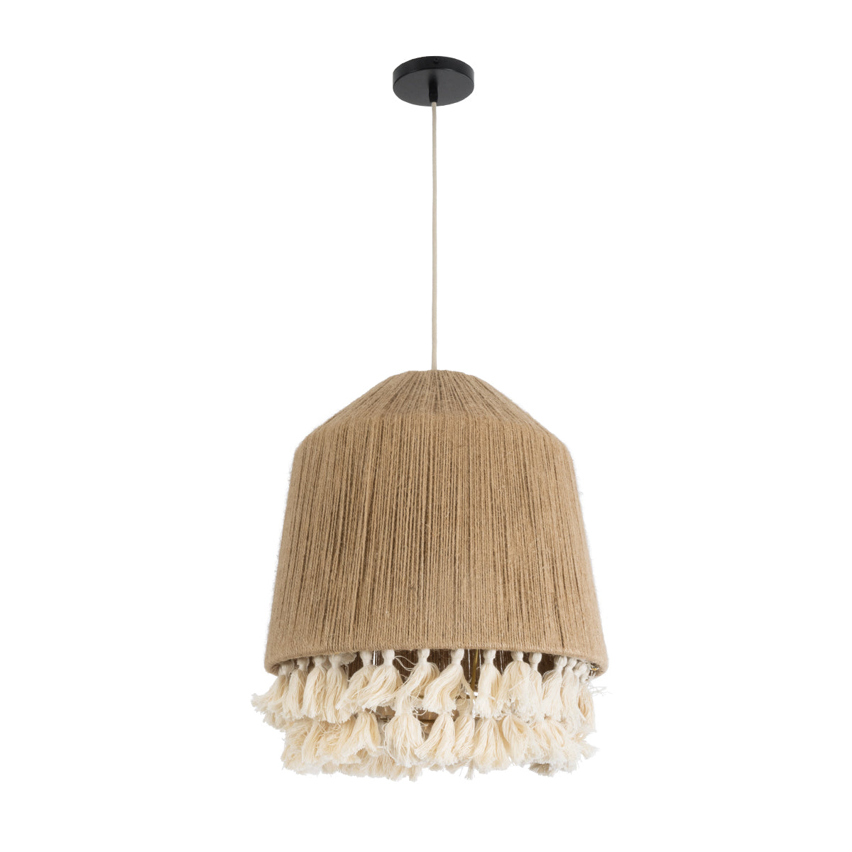 GloboStar® HUAN 02092 Boho Φωτιστικό Οροφής Μονόφωτο 1 x E27 AC220-240V IP20 - Φ40 x Υ45cm - Μπεζ με Λευκό Λεπτό Νήμα Βαμβακερό Πλέγμα Καμπάνα - 5 Χρόνια Εγγύηση - ledmania.gr