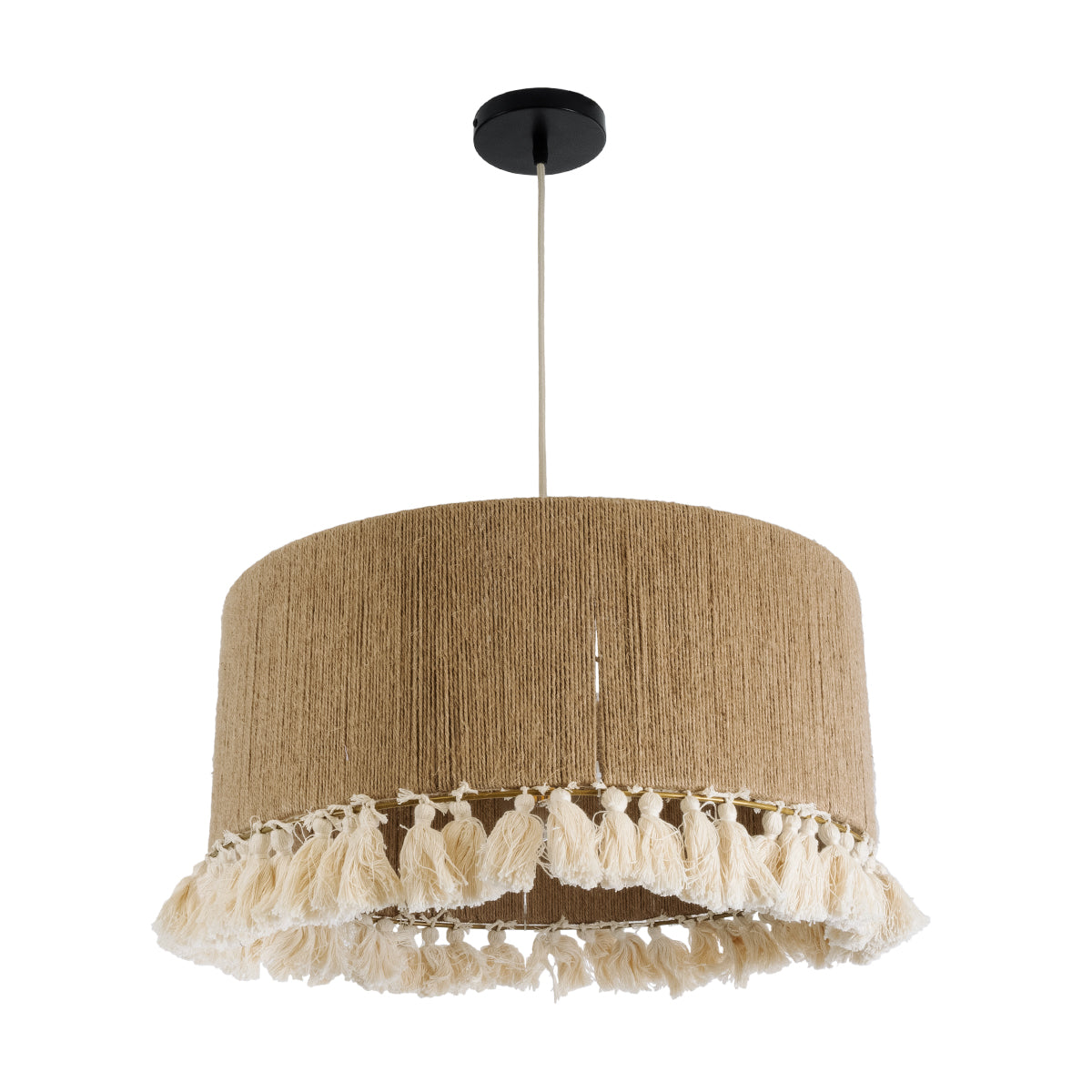 GloboStar® PUERTORICO 02094 Boho Κρεμαστό Φωτιστικό Οροφής Τρίφωτο 3 x E27 AC220-240V IP20 - Φ50 x Υ27cm - Μπεζ με Λευκό Λεπτό Νήμα Πλέγμα Βαμβακερό Καπέλο - 5 Χρόνια Εγγύηση - ledmania.gr