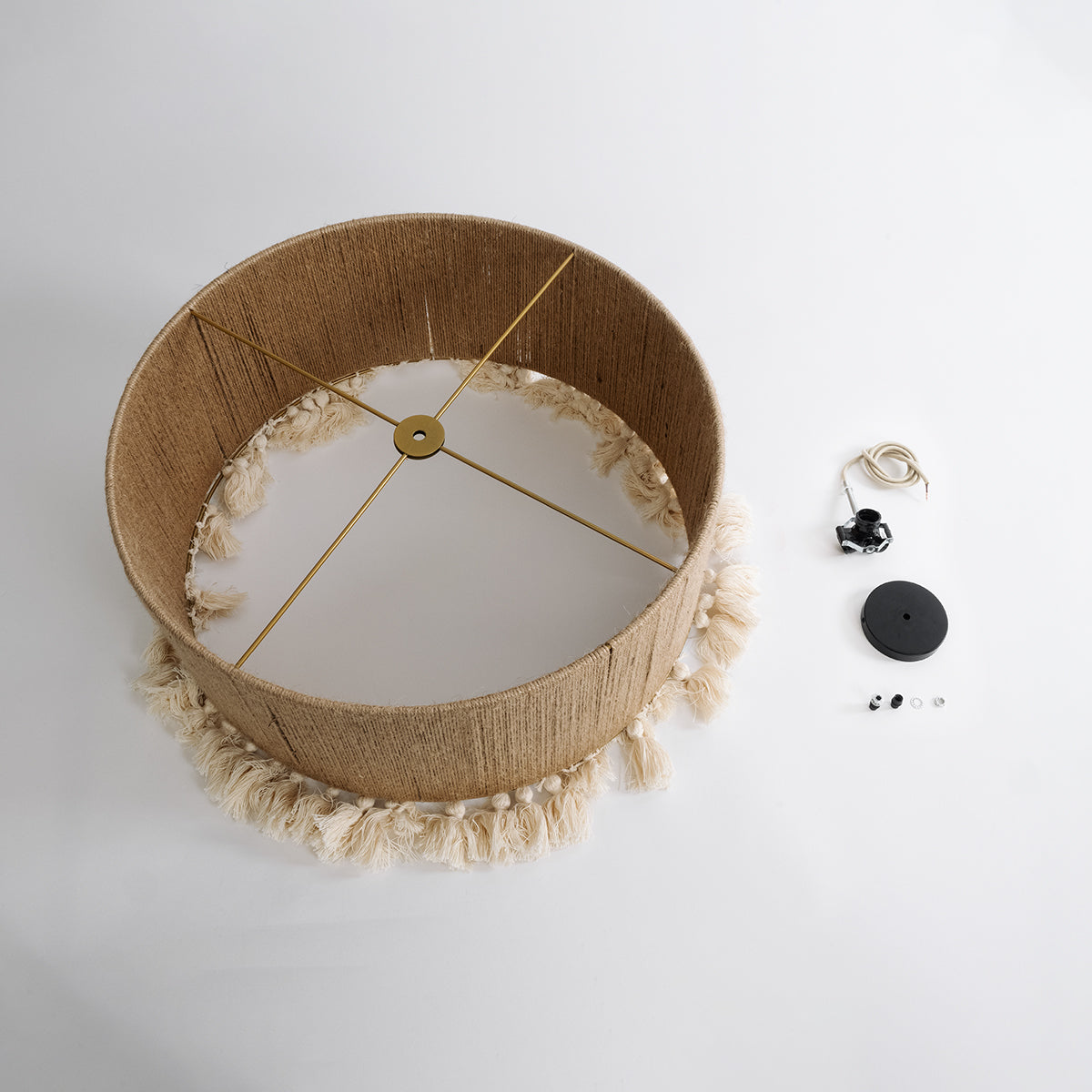 GloboStar® PUERTORICO 02094 Boho Κρεμαστό Φωτιστικό Οροφής Τρίφωτο 3 x E27 AC220-240V IP20 - Φ50 x Υ27cm - Μπεζ με Λευκό Λεπτό Νήμα Πλέγμα Βαμβακερό Καπέλο - 5 Χρόνια Εγγύηση - ledmania.gr