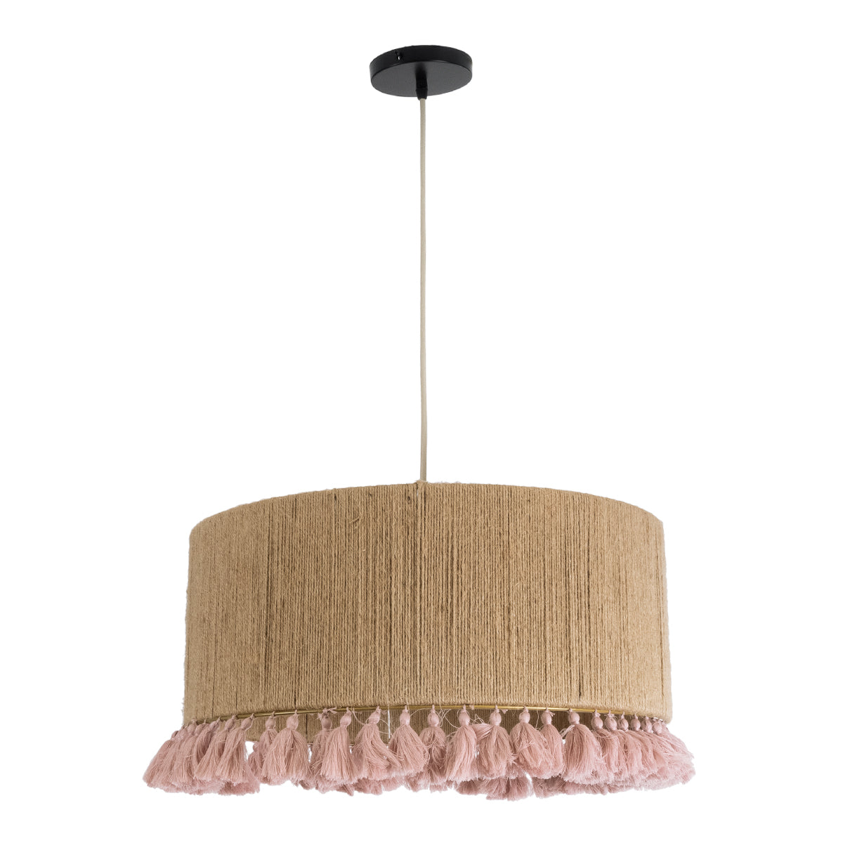 GloboStar® PUERTORICO 02096 Boho Κρεμαστό Φωτιστικό Οροφής Μονόφωτο 1 x E27 AC220-240V IP20 - Φ50 x Υ27cm - Μπεζ με Ροζ Λεπτό Νήμα Πλέγμα Βαμβακερό Καπέλο - 5 Χρόνια Εγγύηση - ledmania.gr